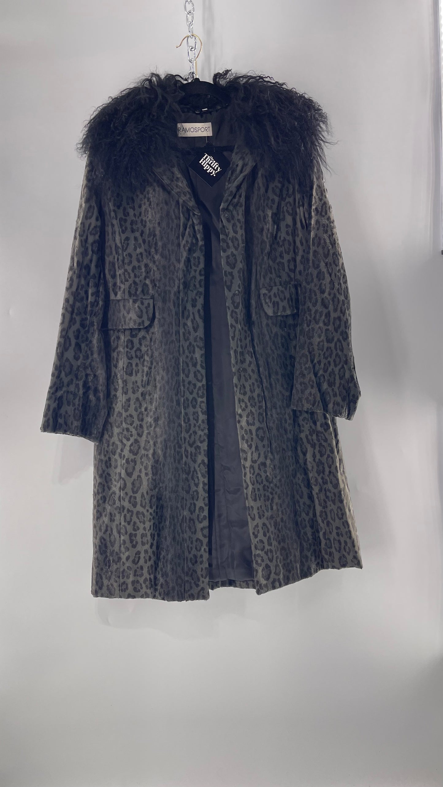 Vintage Romanian RAMOSTEPH Black/Gray Leopard Print Coat with Mongolian Fur Collar (Medium)
