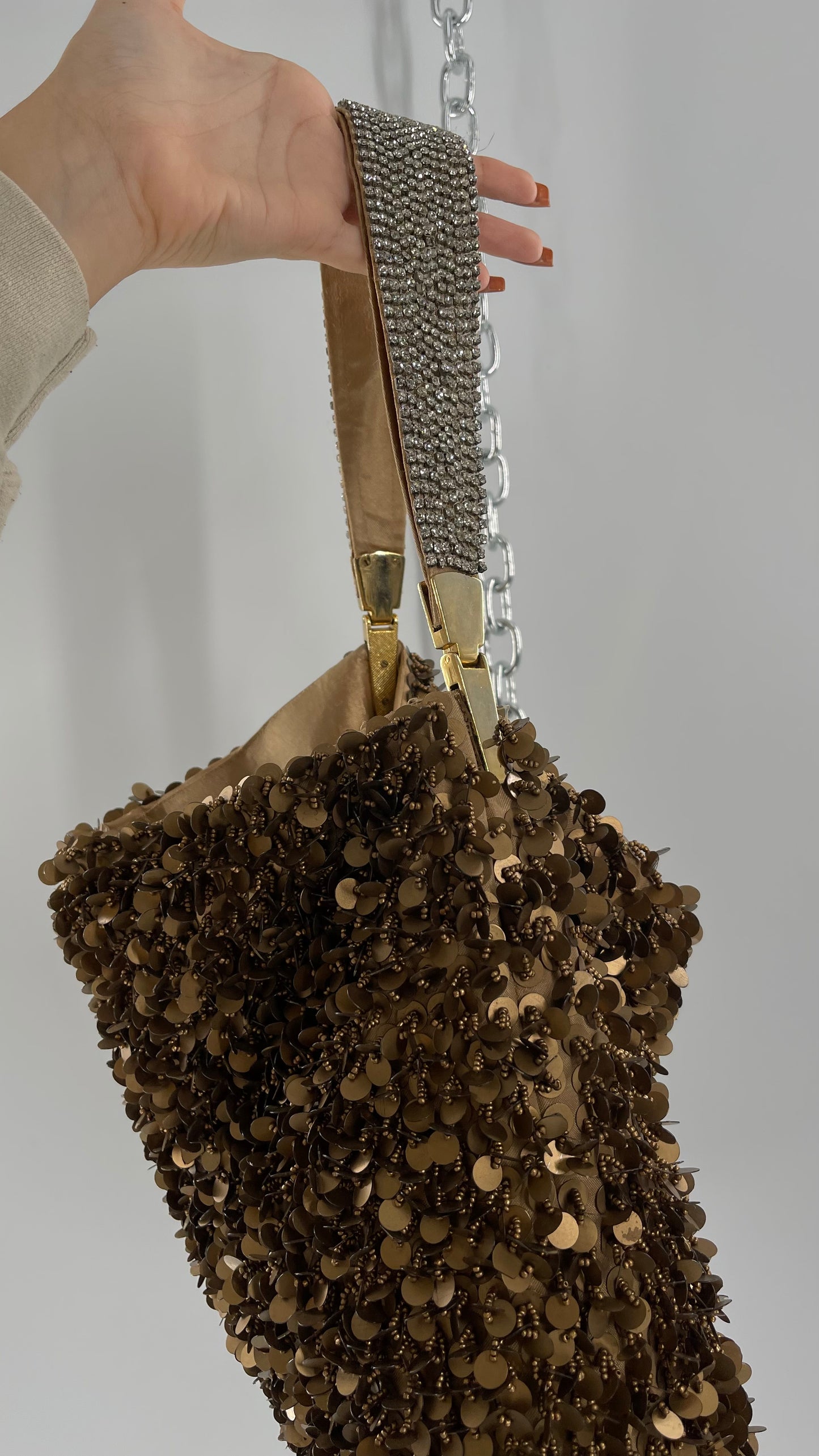 Deadstock The Find Marvelous Bronze Beaded Sequin Tote Bag with Gemstone Strap