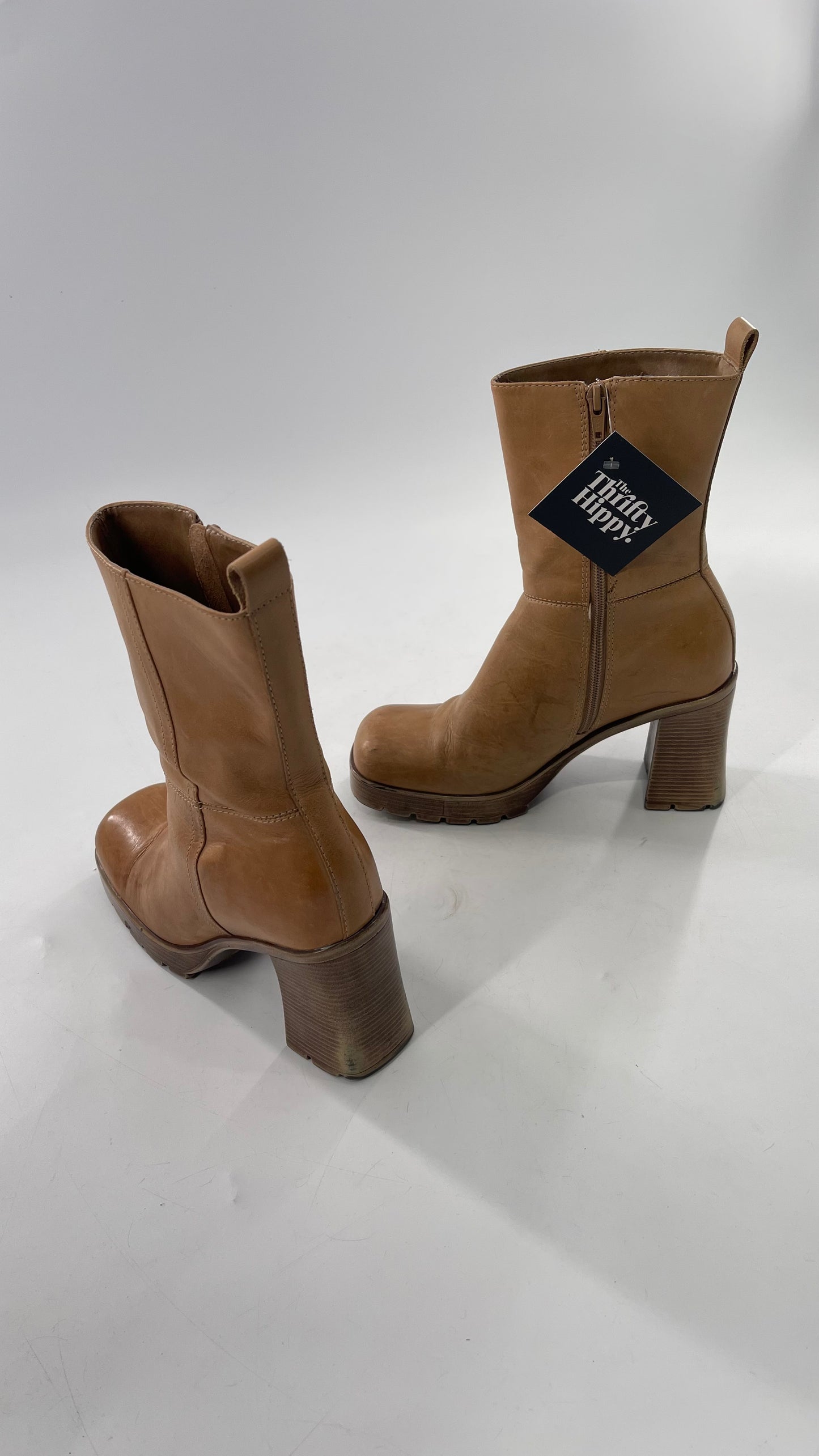 Vintage 90s Steve Madden Tan Leather Funky Square Toe Boot with Platform and Chunky Heel
