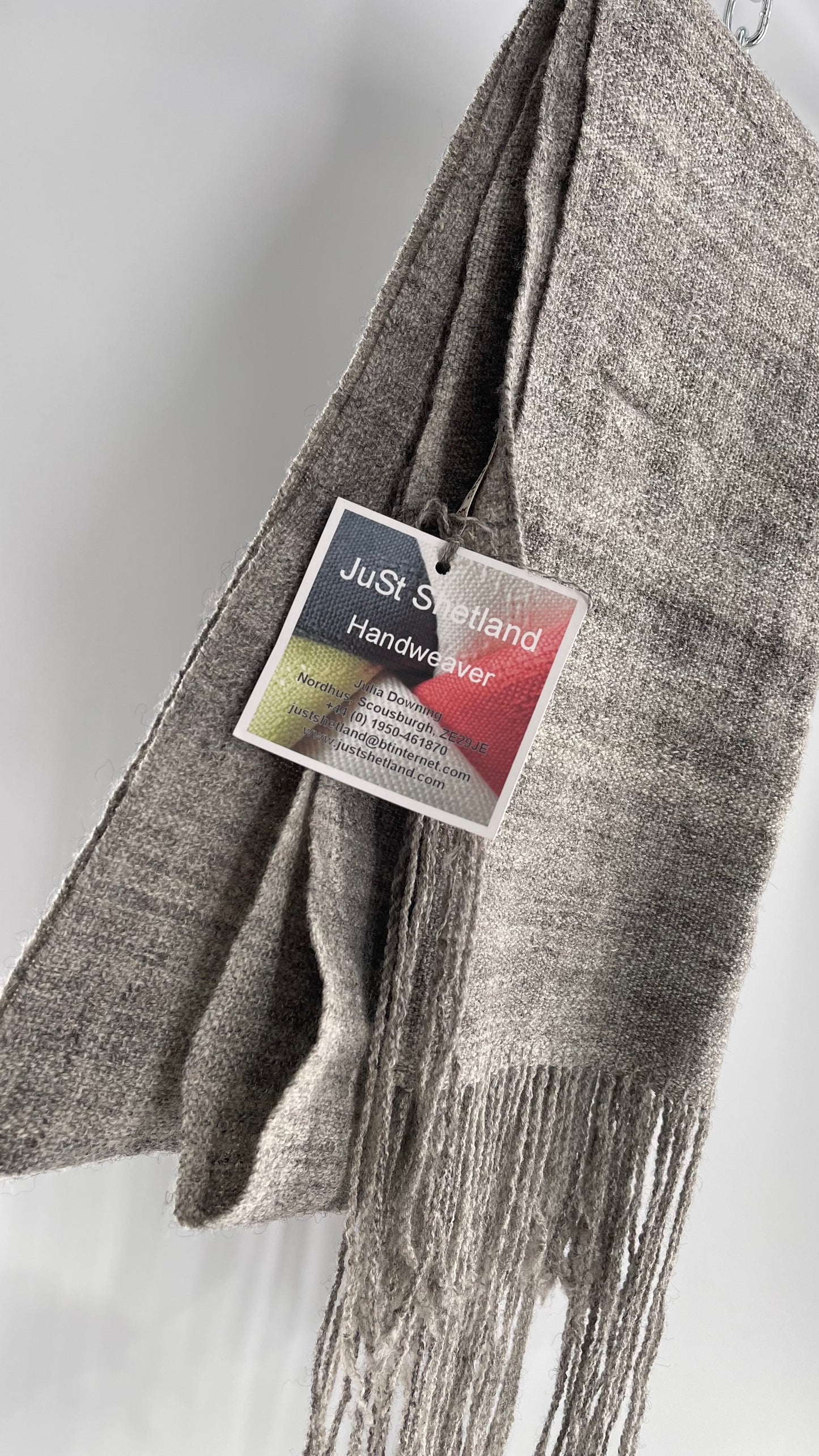 JuSt Shetland Handspun + Handwoven Shetland Yarn Julia Downing Nordus, Scousburgh Grey Woven Scarf