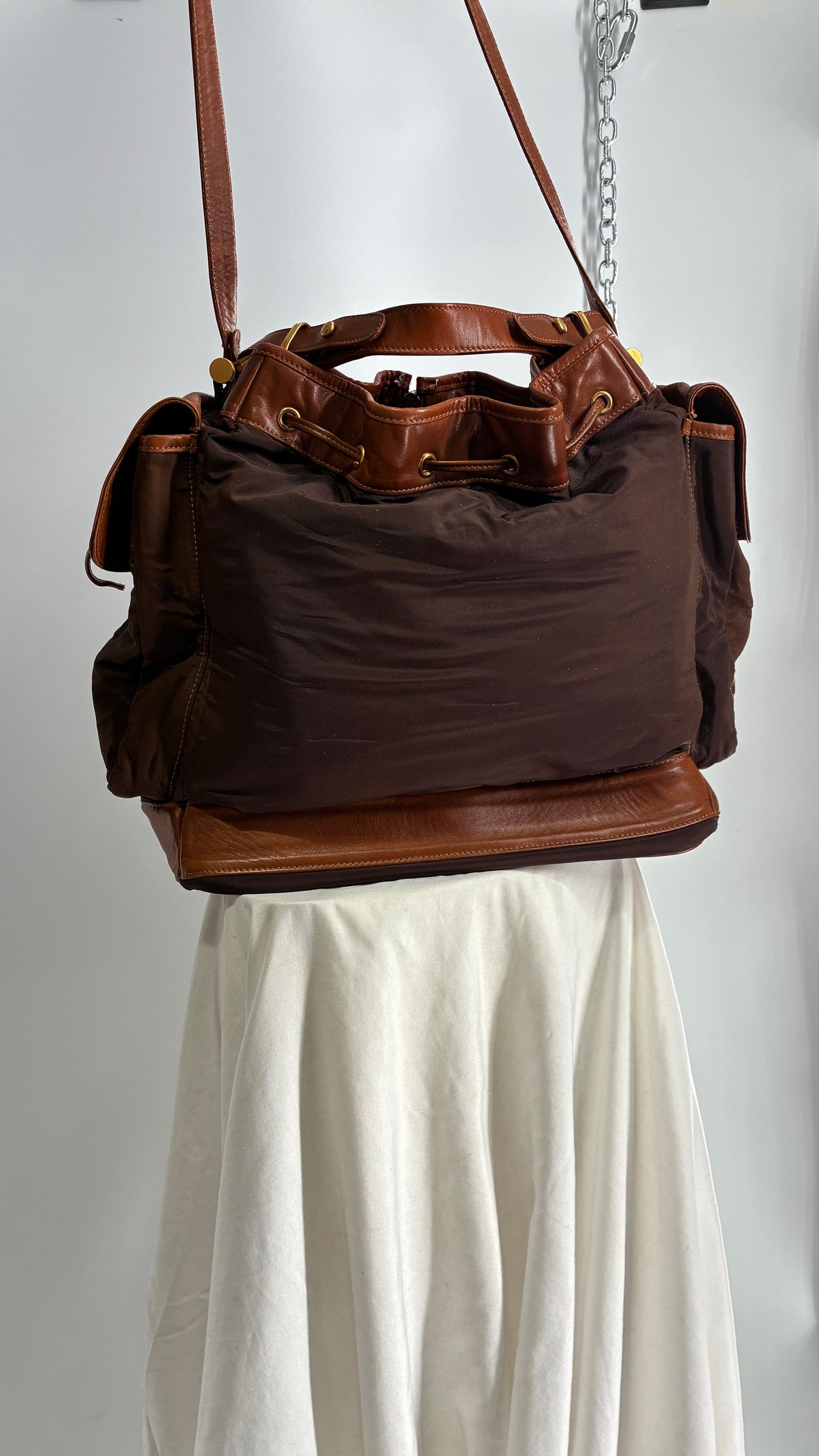 Vintage DONNA KARAN DKNY Oversized XL Brown Zip Front Bag with Leather Details