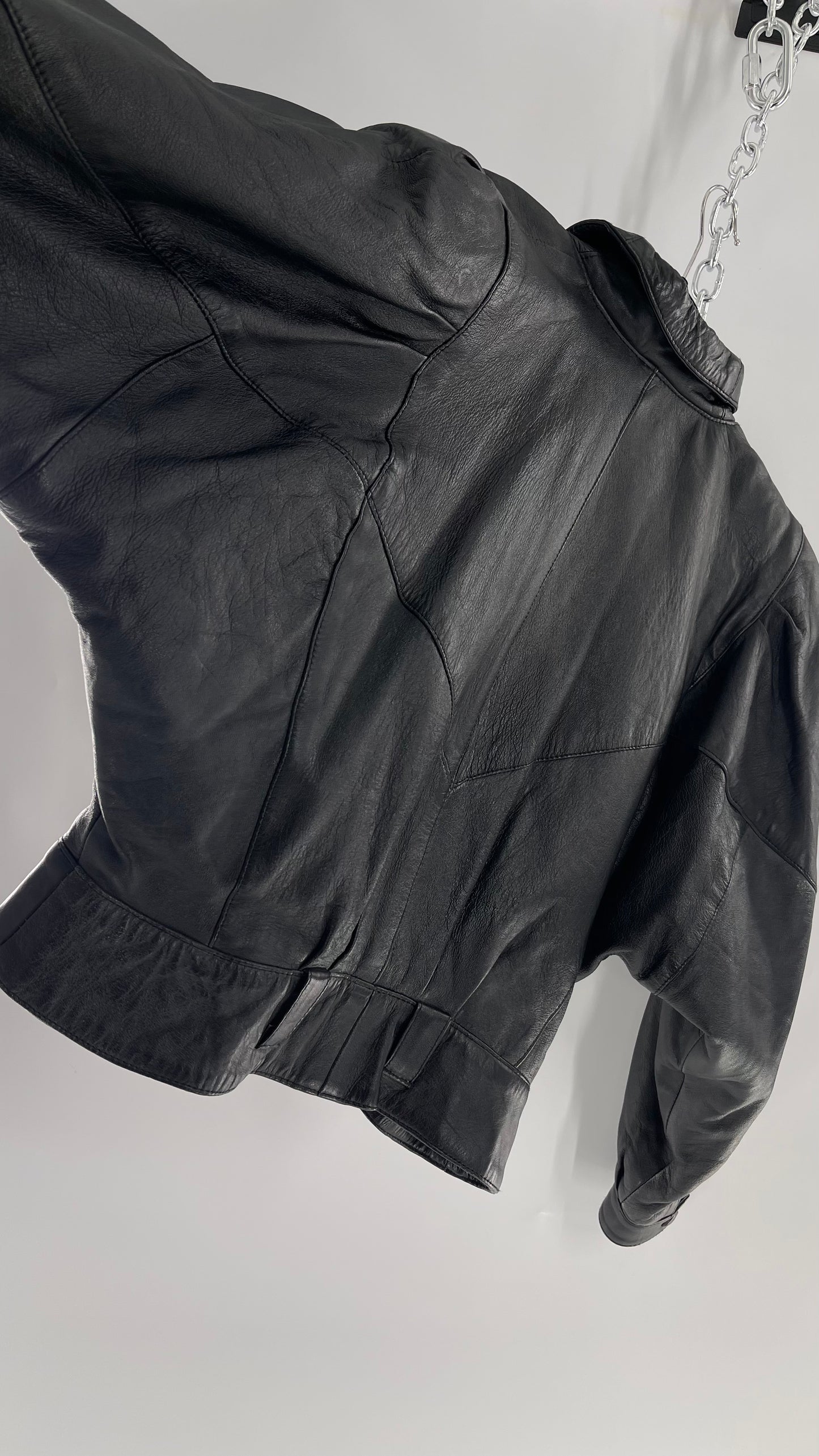 Vintage Black Leather Cropped Motorcycle Jacket (Medium)