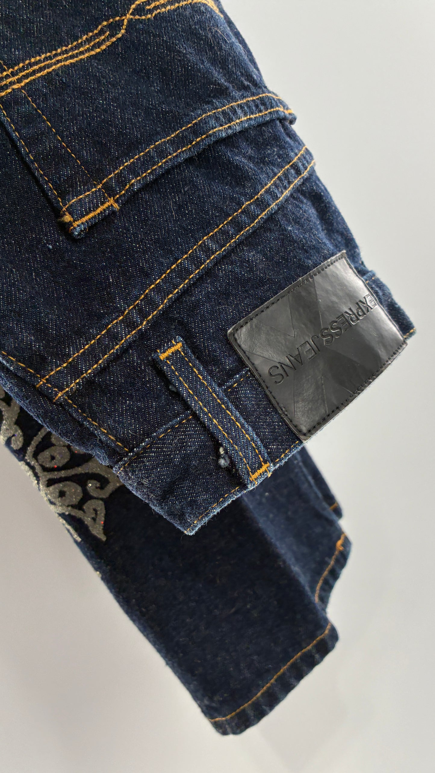 Vintage EXPRESS JEANS Dark Wash with Iridescent, Embellished, Textured Design Running Down Pant Leg (3/4)