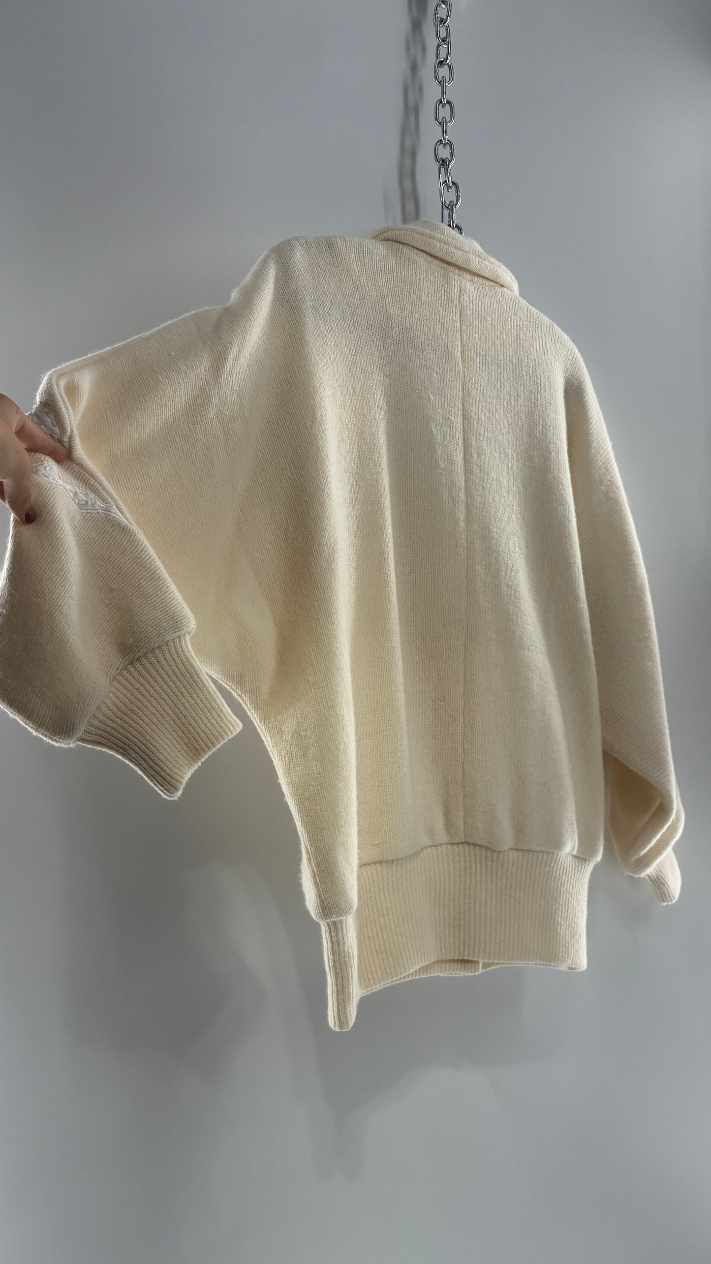 Vintage SUZELLE 70% Lambswool, 20% Angora Rabbit Off White Woven Bomber Jacket with Leather Flower Appliqués (Medium)