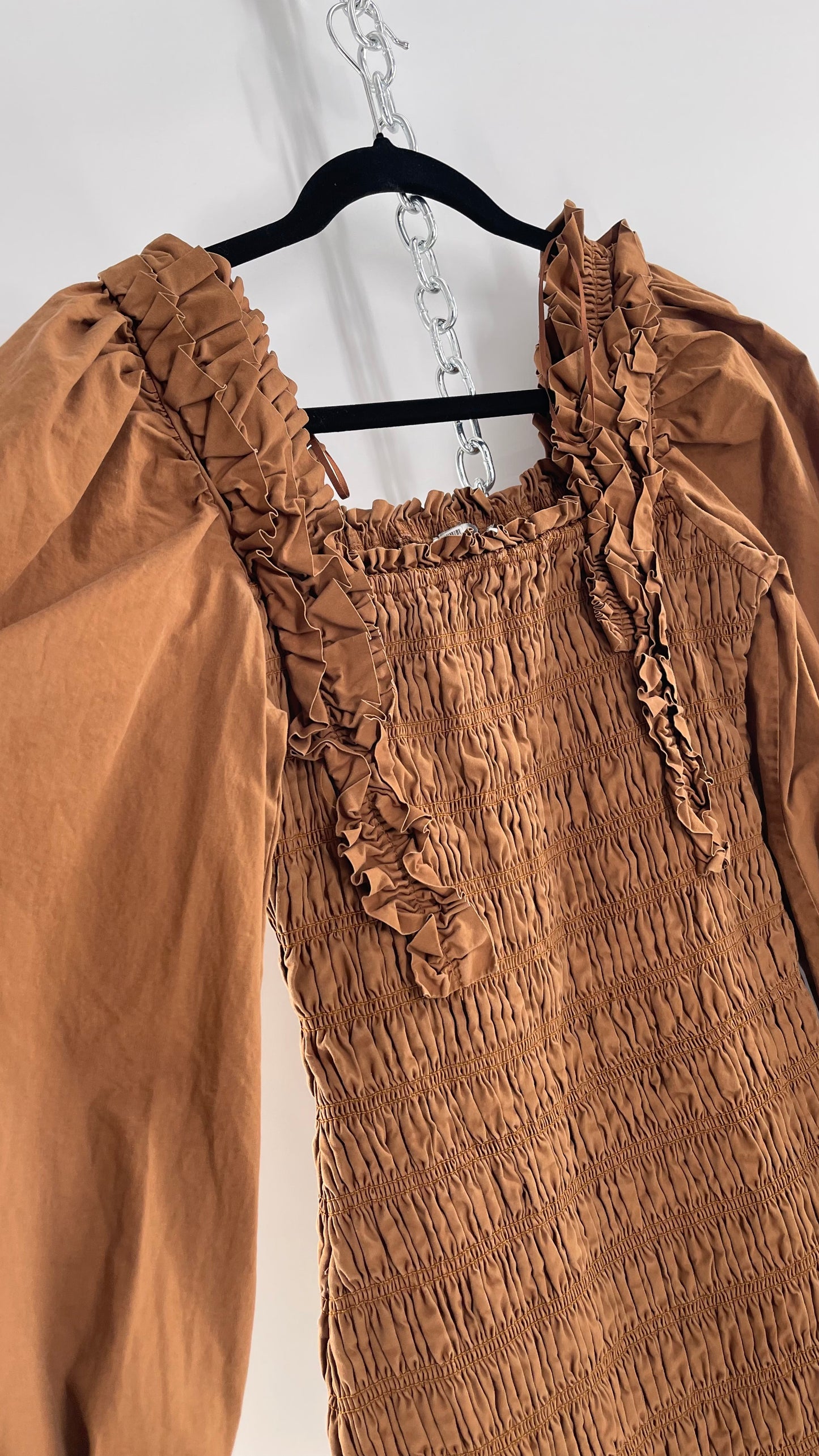 Endless Rose Anthropologie Brown Smocked Ruffle Front Puff Sleeve Mini Dress (Medium)