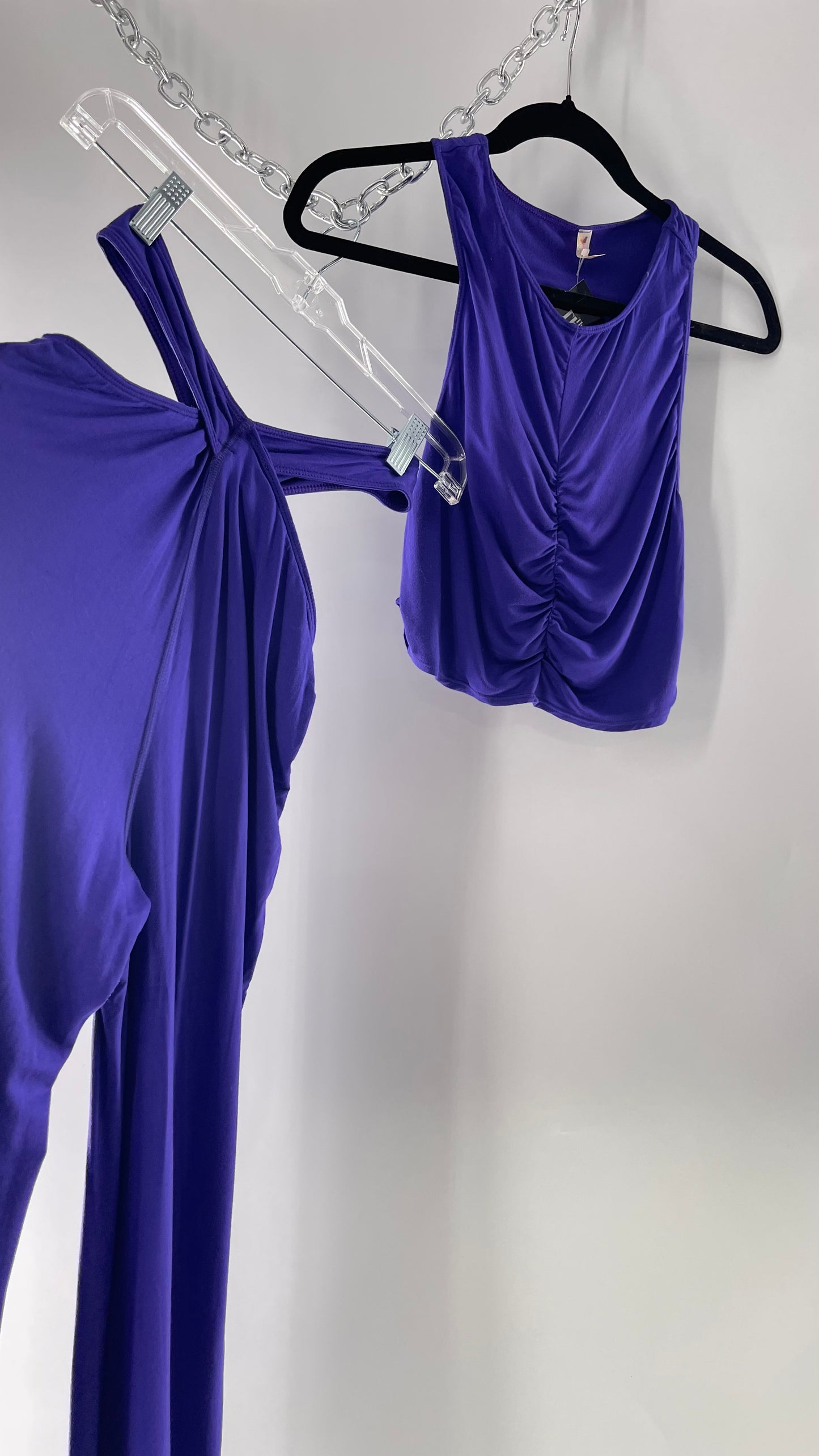 Free People 2 Piece Cobalt Purple Ruched Tank+ Cut Out Hip Strap Detail Flared Bottoms Set (Small)
