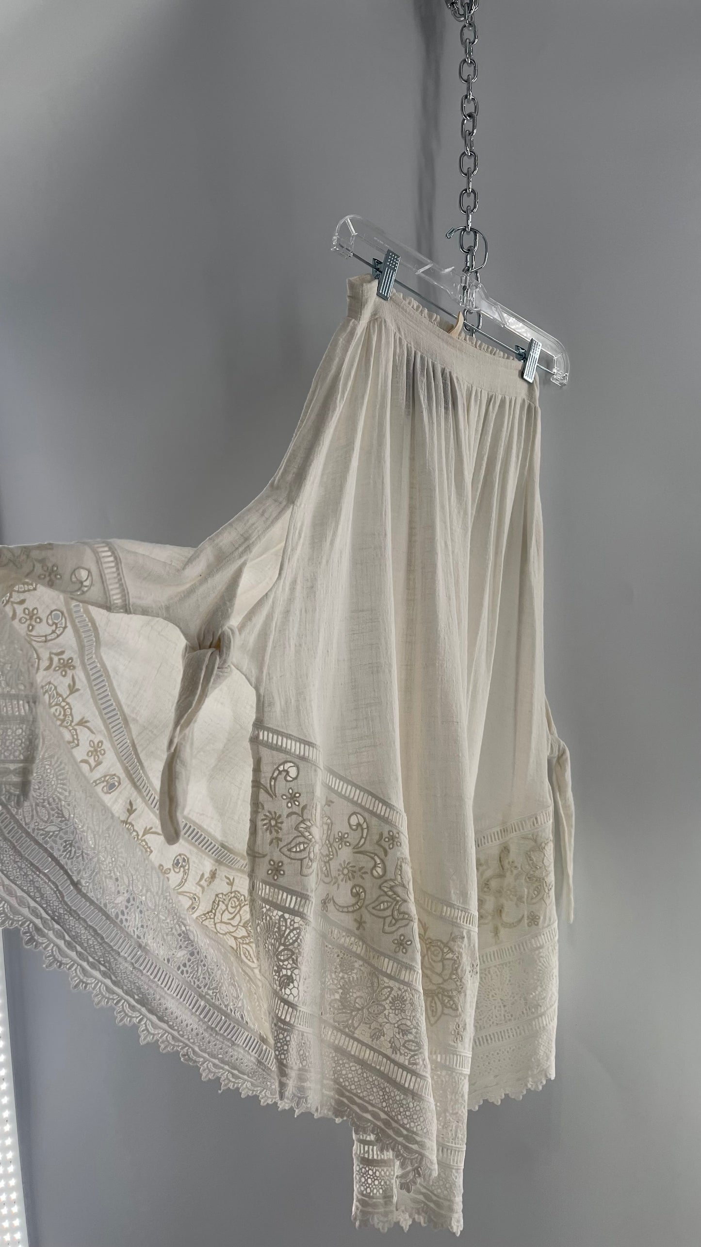 Spell & the Gypsy Full Length Cotton Gauze White Skirt with Tie Sides and Heavily Embroidered Hem (XS)