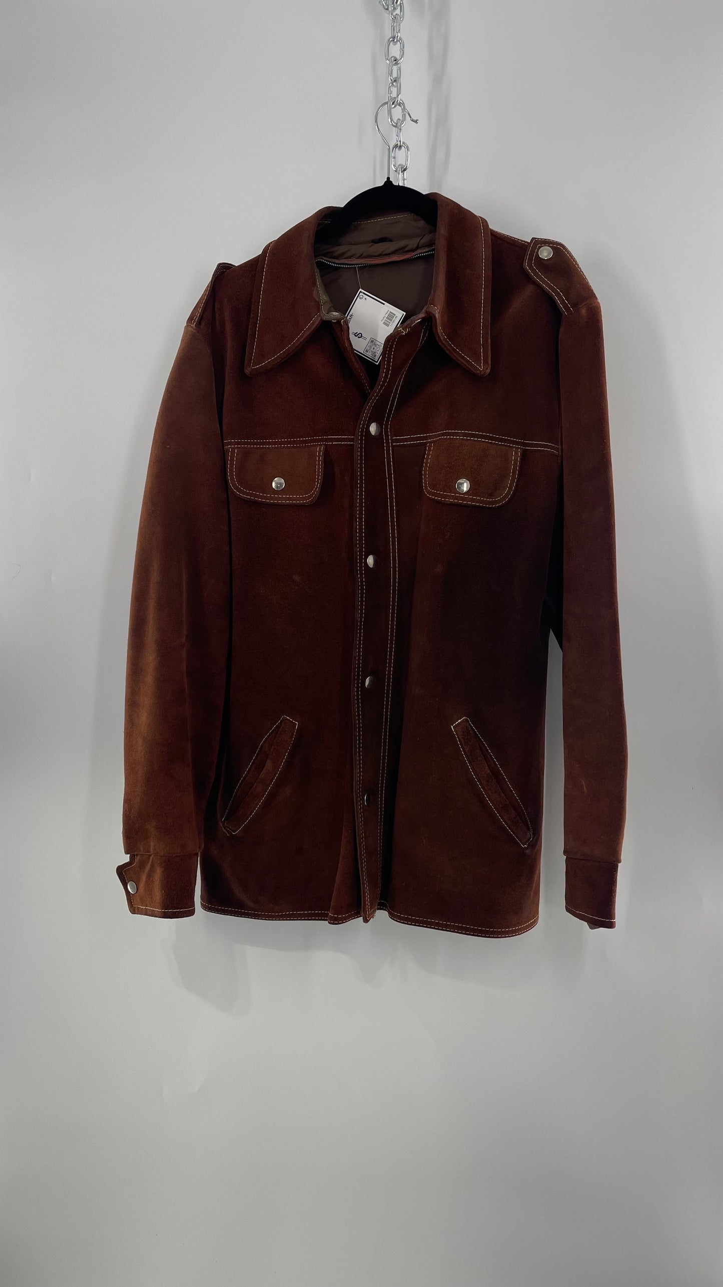 Vintage Brown Suede Jacket with Contrast White Stitching (C)(Large)