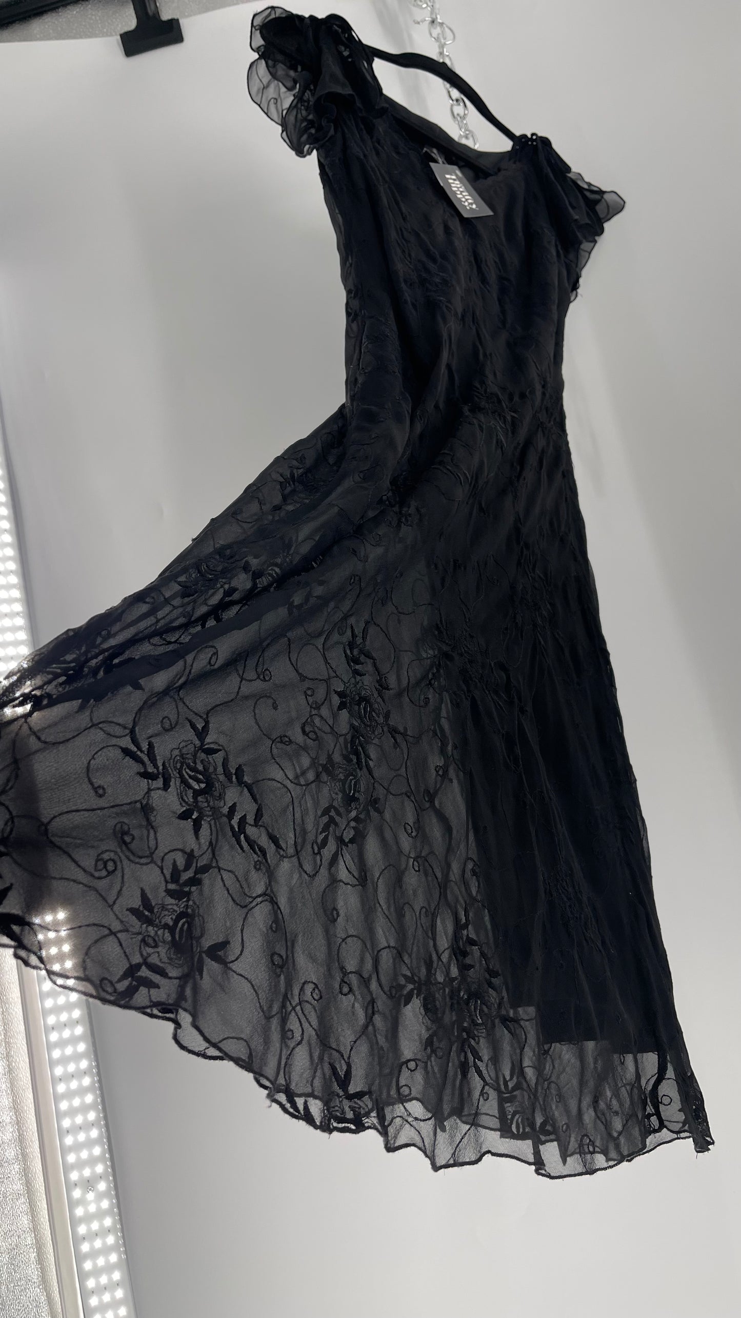 Vintage Jonathan Martin 100% Silk Black Embroidered MIDI Dress with Tie Shoulder Detail (10)