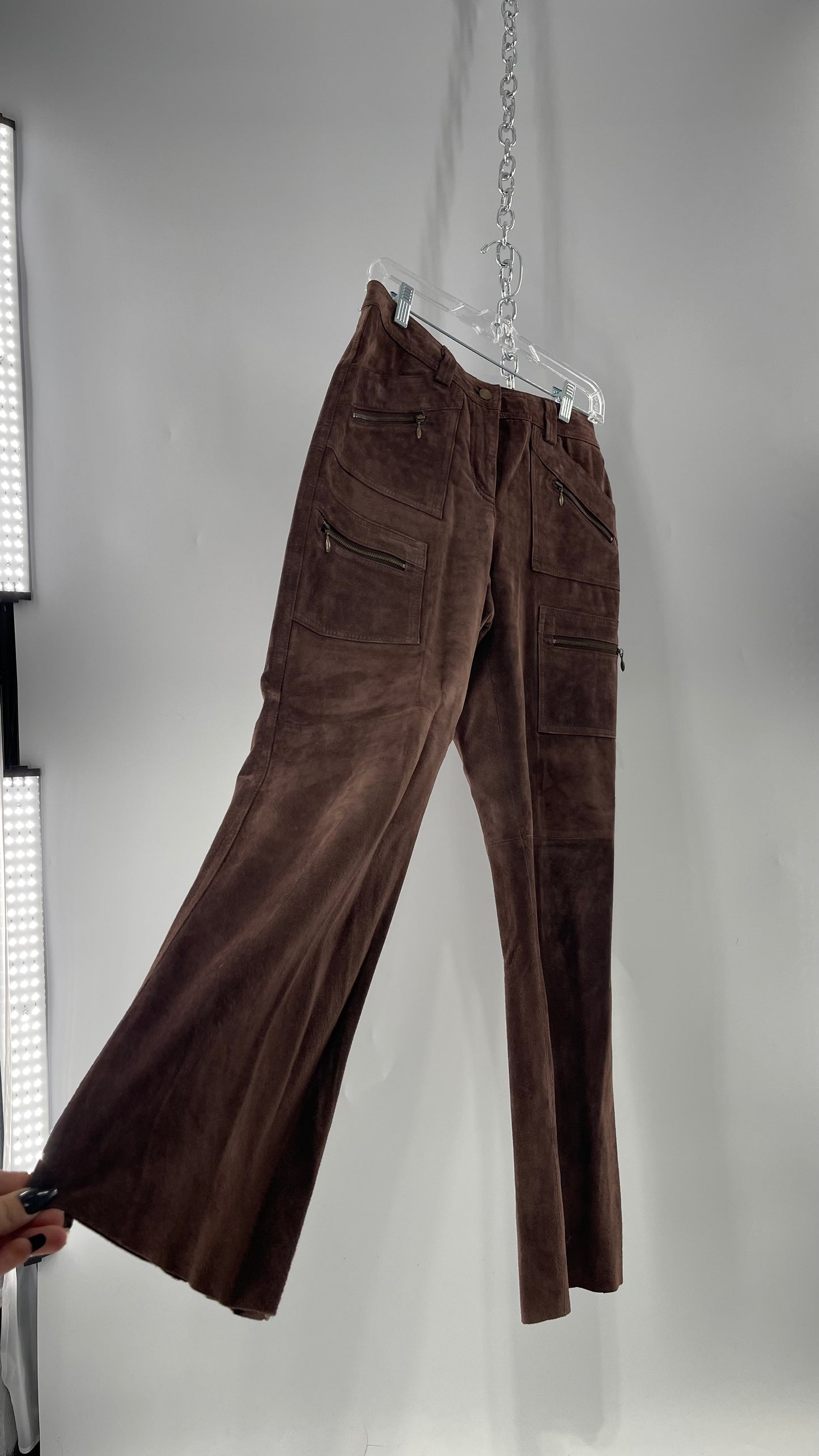 Vintage Context Petit Brown Suede Straight Leg Cargos with Pockets and Bronze Zippers (8P)