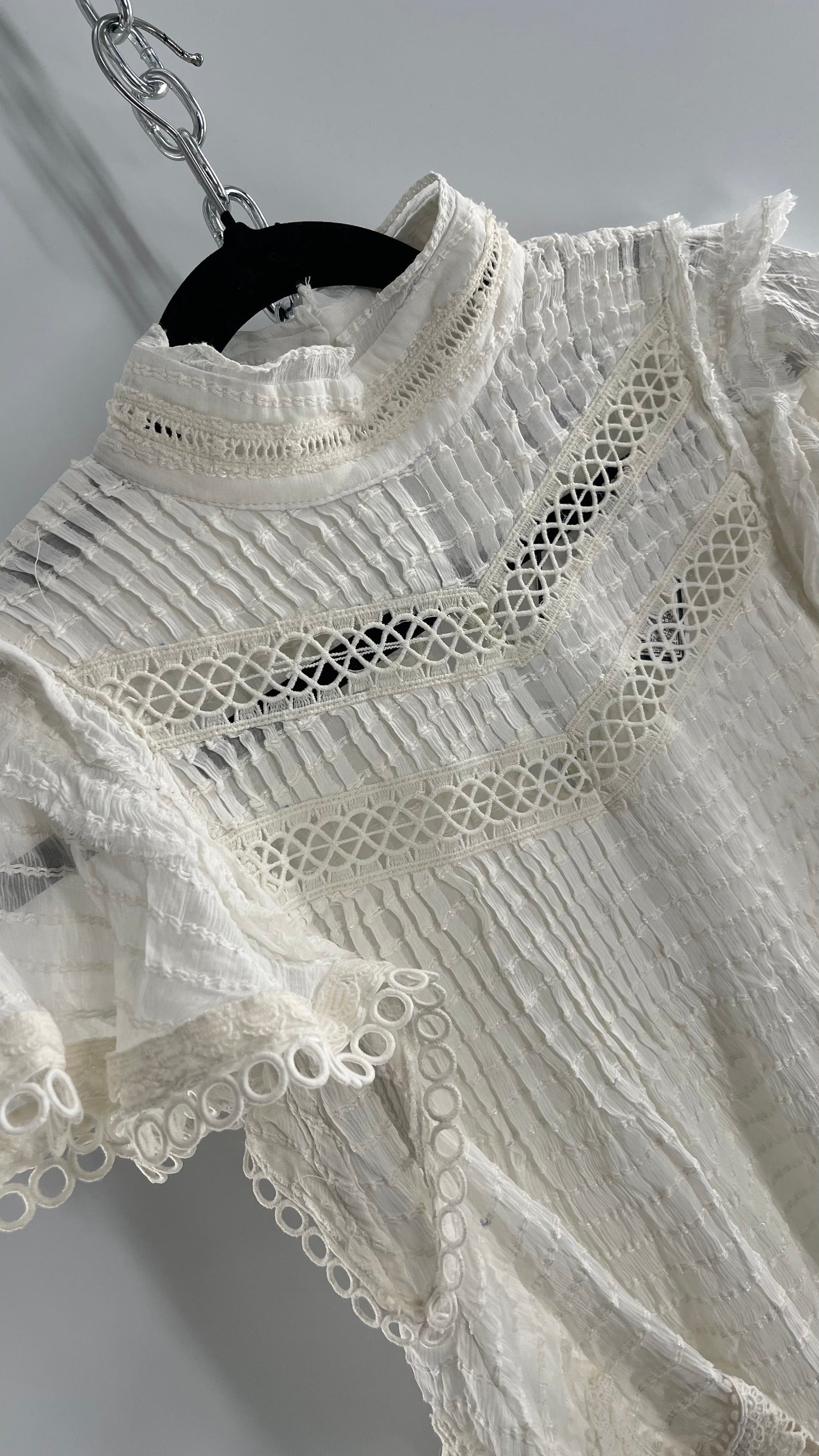 Kimchi Blue White 68% Viscose 32% Cotton Romantic Blouse with High Neck, Textured Body, and Scalloped Lace Hem and Sleeves (Small)