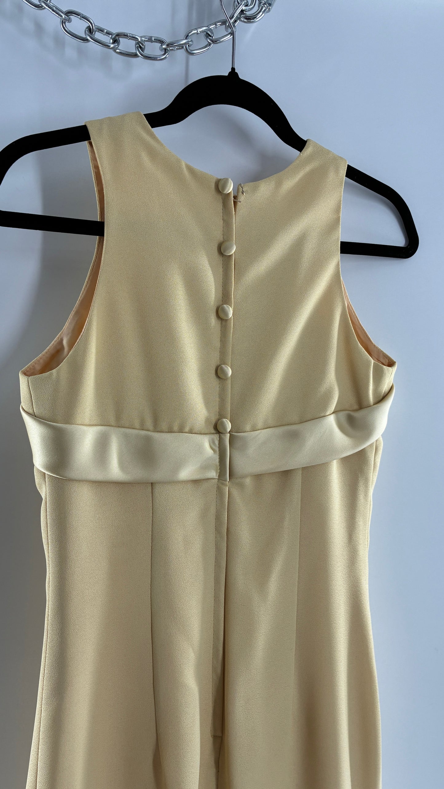 Vintage ALYCE’S Baby Yellow High Neck Satin Bow Bust, Side Slit, Button Back Gown (Measured)