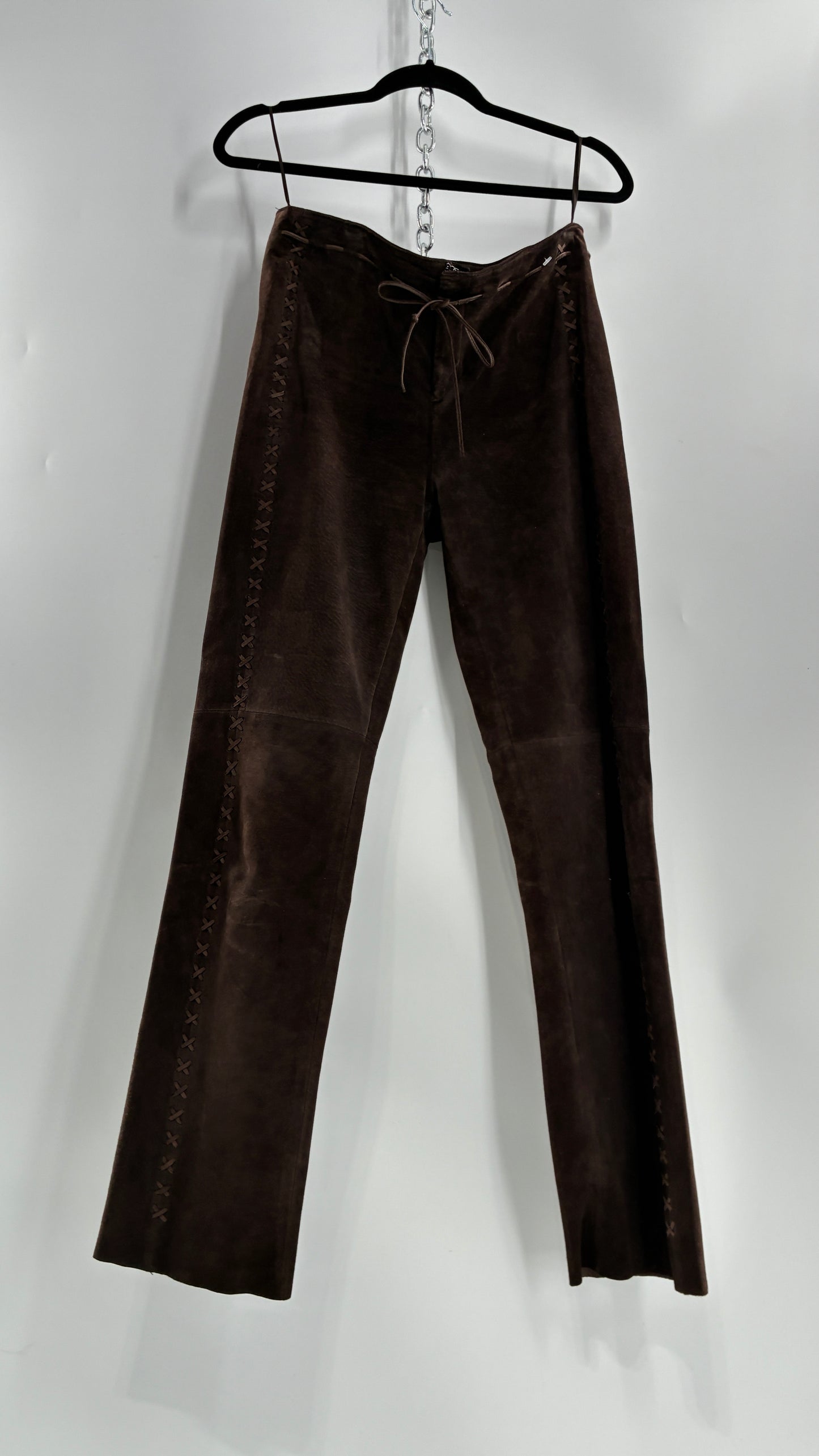 Vintage FOR JOSEPH Low Rise, Chocolate Brown Suede Pants with Leather Stitch Sides and Bow Closure (28)