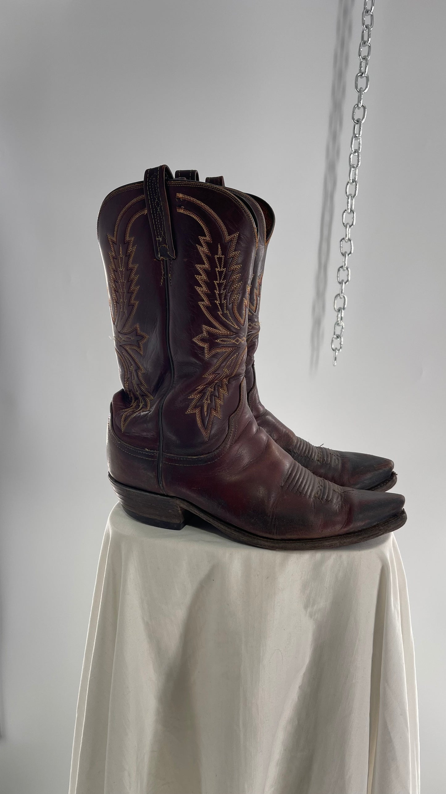 Vintage Men’s 1883 Luchesse Lived In Brown Cognac Leather Pointed Toe Cowboy Boots with Embroidery (12)