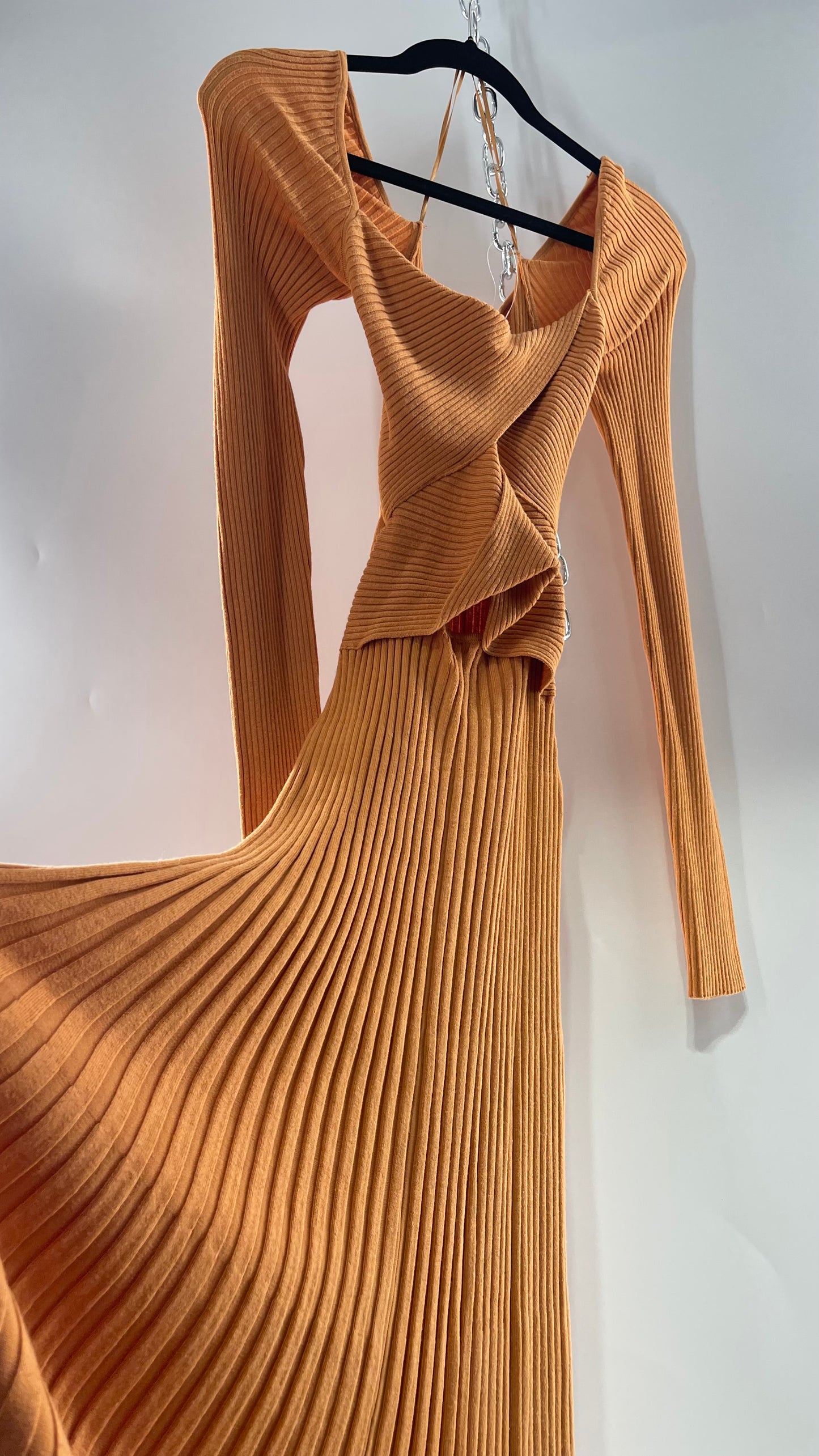 Free People Orange Ribbed Knit Maxi Dress with Cross Over Exposed Midriff Dress (Medium)