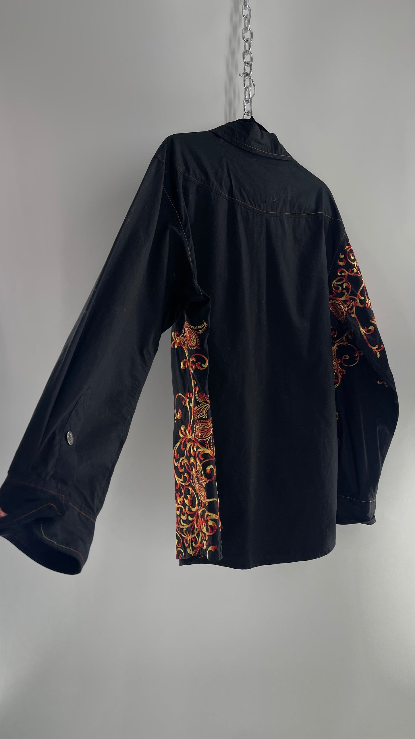 Vintage IMPERIOUS Men’s Black Button Up with Heavy Red/Orange Embroidery (L/XL)