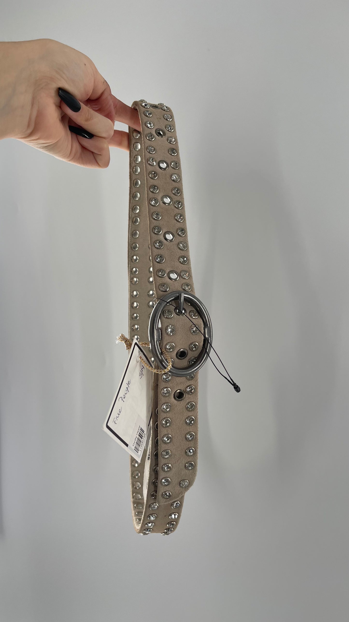 Free People Beige Leather Canvas Studded Rhinestone Crystal Studded Belt with Heavy Metal Buckle (S/M)