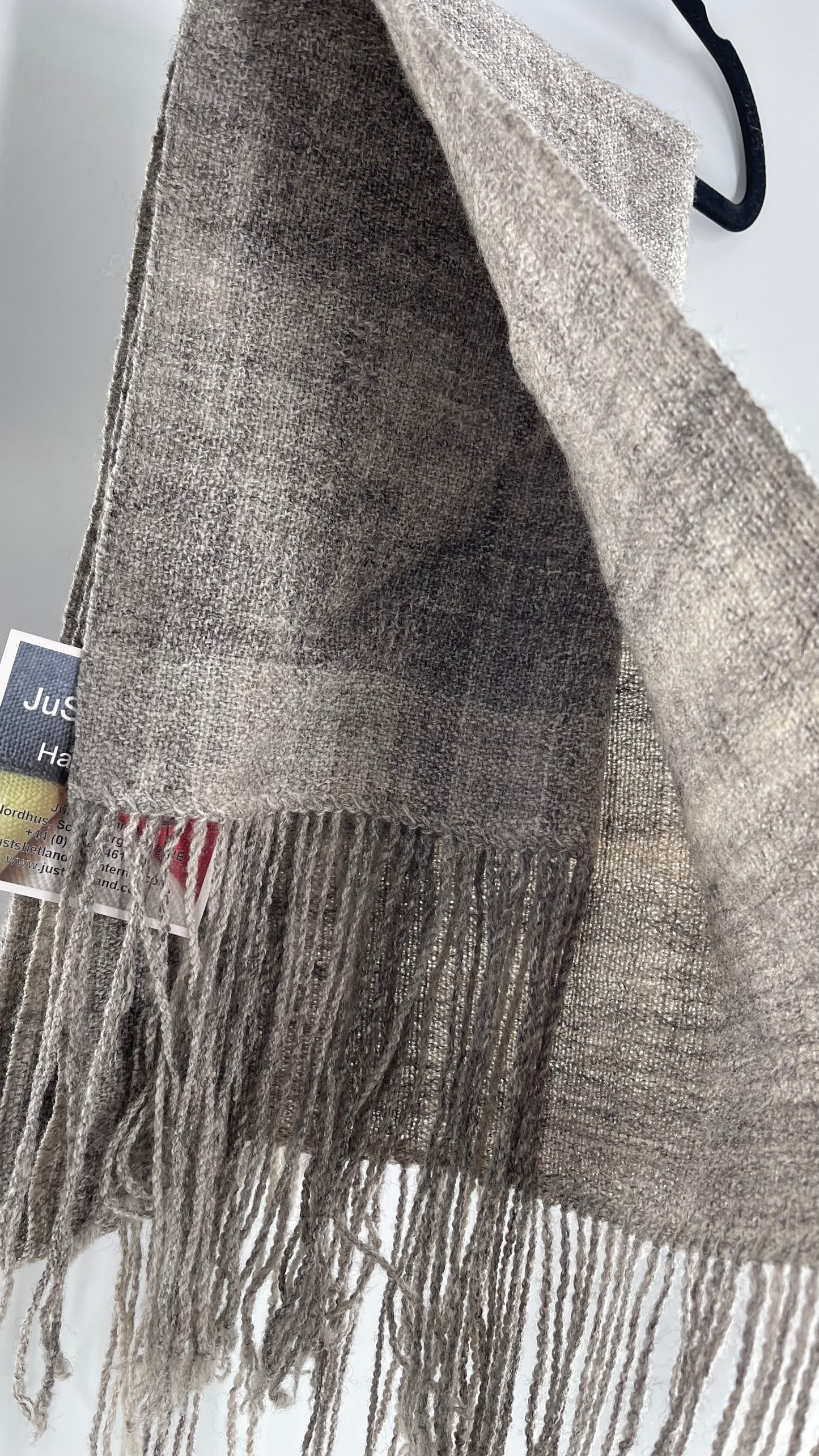 JuSt Shetland Handspun + Handwoven Shetland Yarn Julia Downing Nordus, Scousburgh Grey Woven Scarf