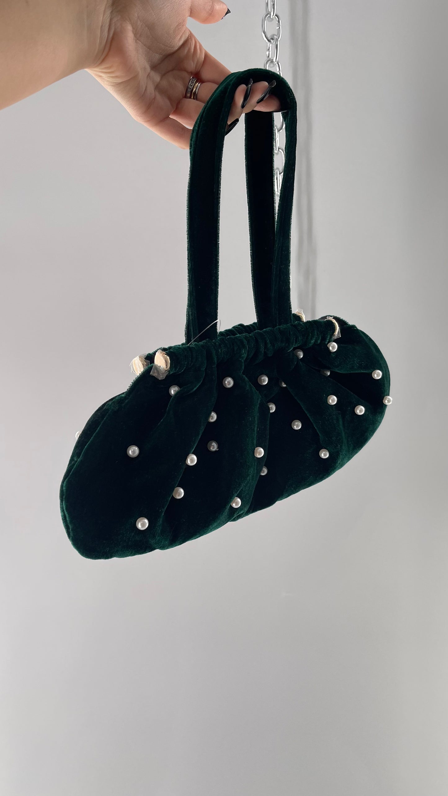 Vintage Deep Green Velvet Purse Covered in Pearls, and Featuring Gold Metal Closure Still Lined in Protective Plastic