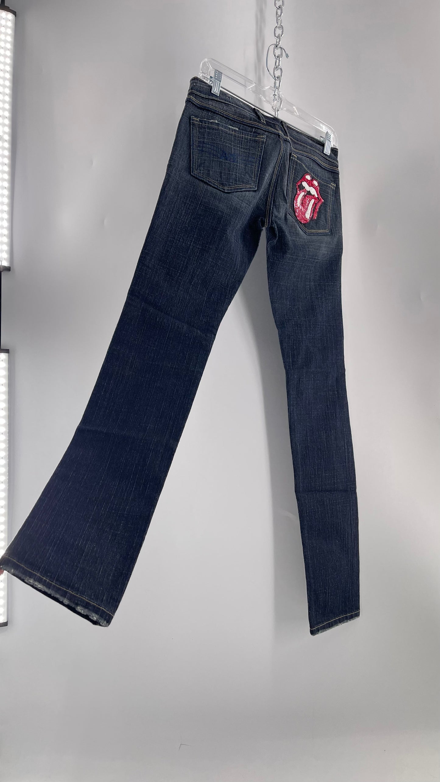 Vintage Smart AS JEANS Dark Wash with Grain and Embroidered/Embellished Kiss Rock Logo (28)