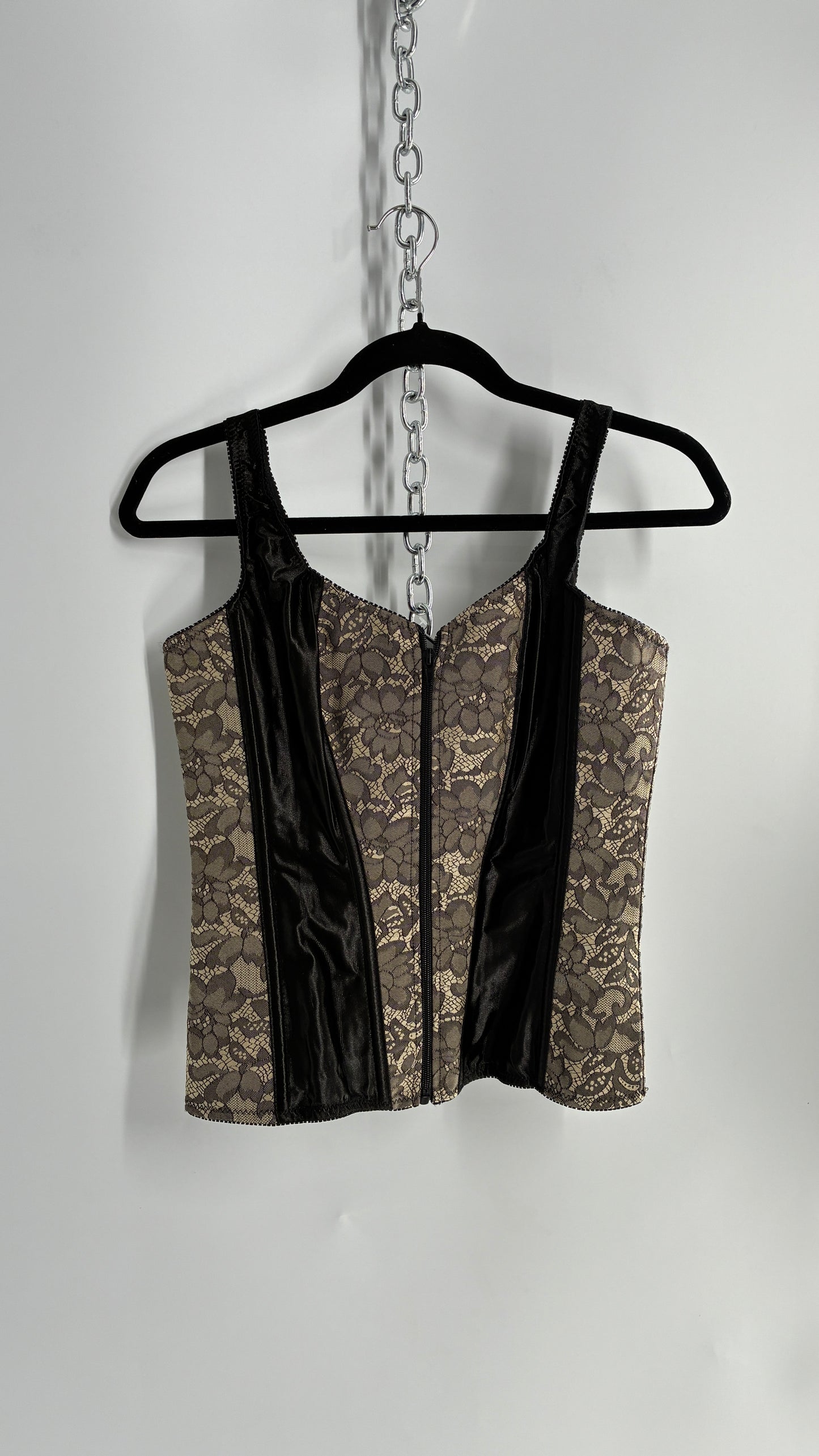 Vintage Zip Front, Tie Back Nude Lace Corset with Black Satin Paneling (Medium)