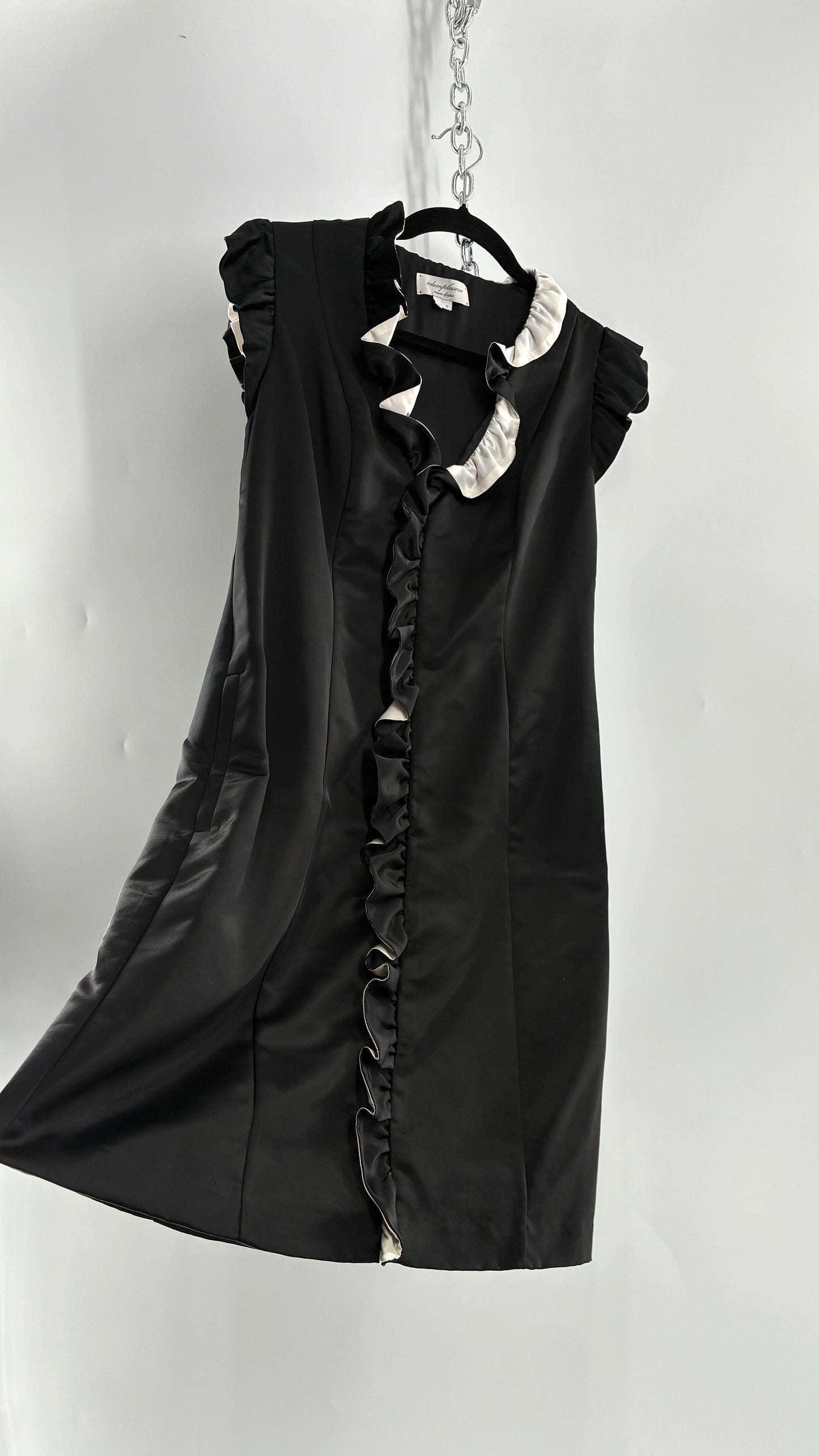 Vintage ADAM PLUS EVE Adam Lippes 58% Wool Black Paneled, Tailored Dress with White Ruffles (6)