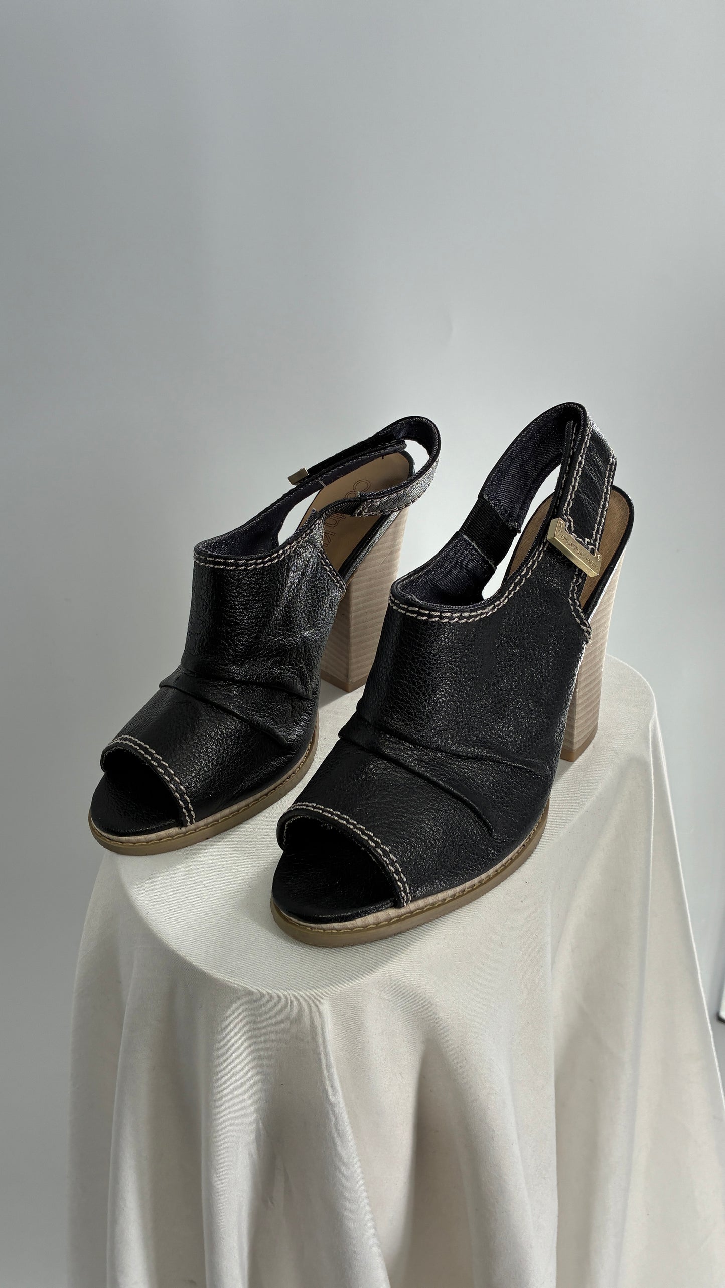 Calvin Klein Peep Toe, Ruched Black Leather Block Heel Slingbacks (7.5)