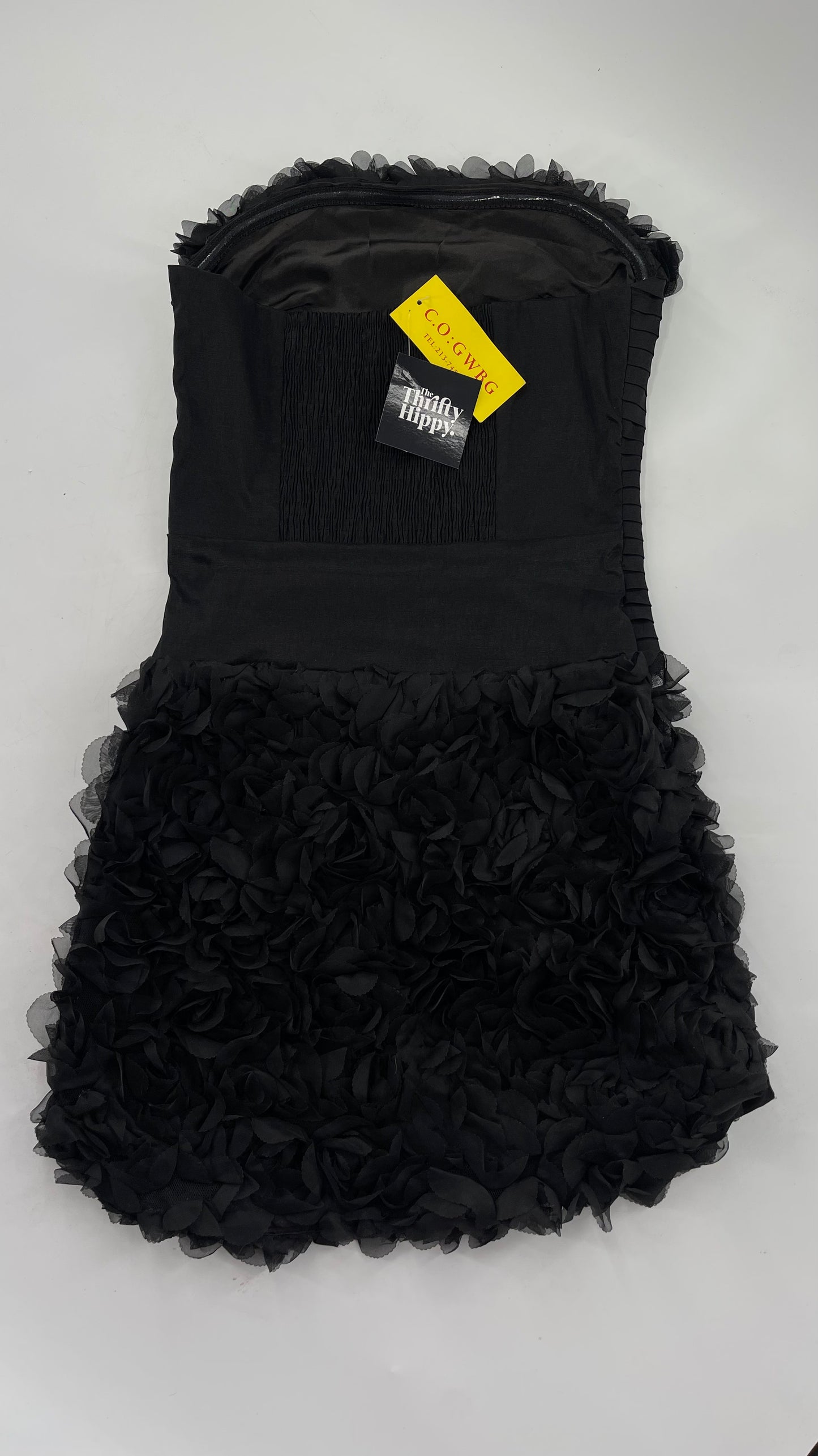 C.O:GWBG Black Dress with Pleated Bodice, Floral Ruffled Skirt and Bedazzled Bustline (S/M)