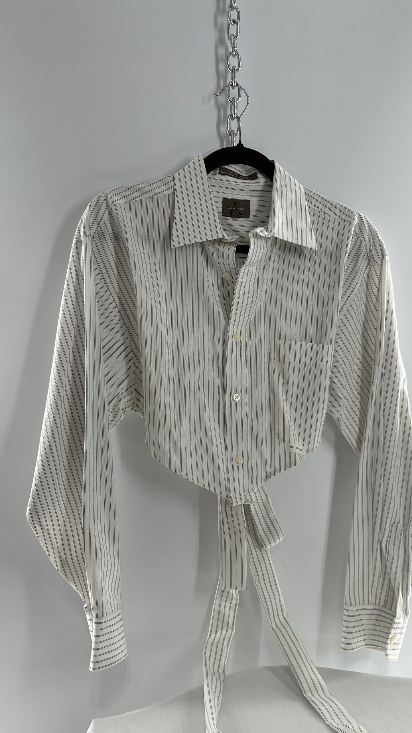 Vintage CALVIN KLEIN Reworked Button Front Backless White Striped Blouse (One Size)