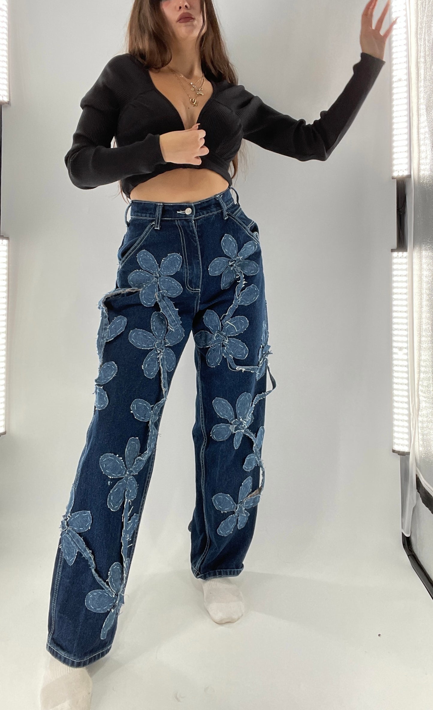 Handmade CUSTOM Dual Denim Tone Floral Vine Cargo Denims (S)