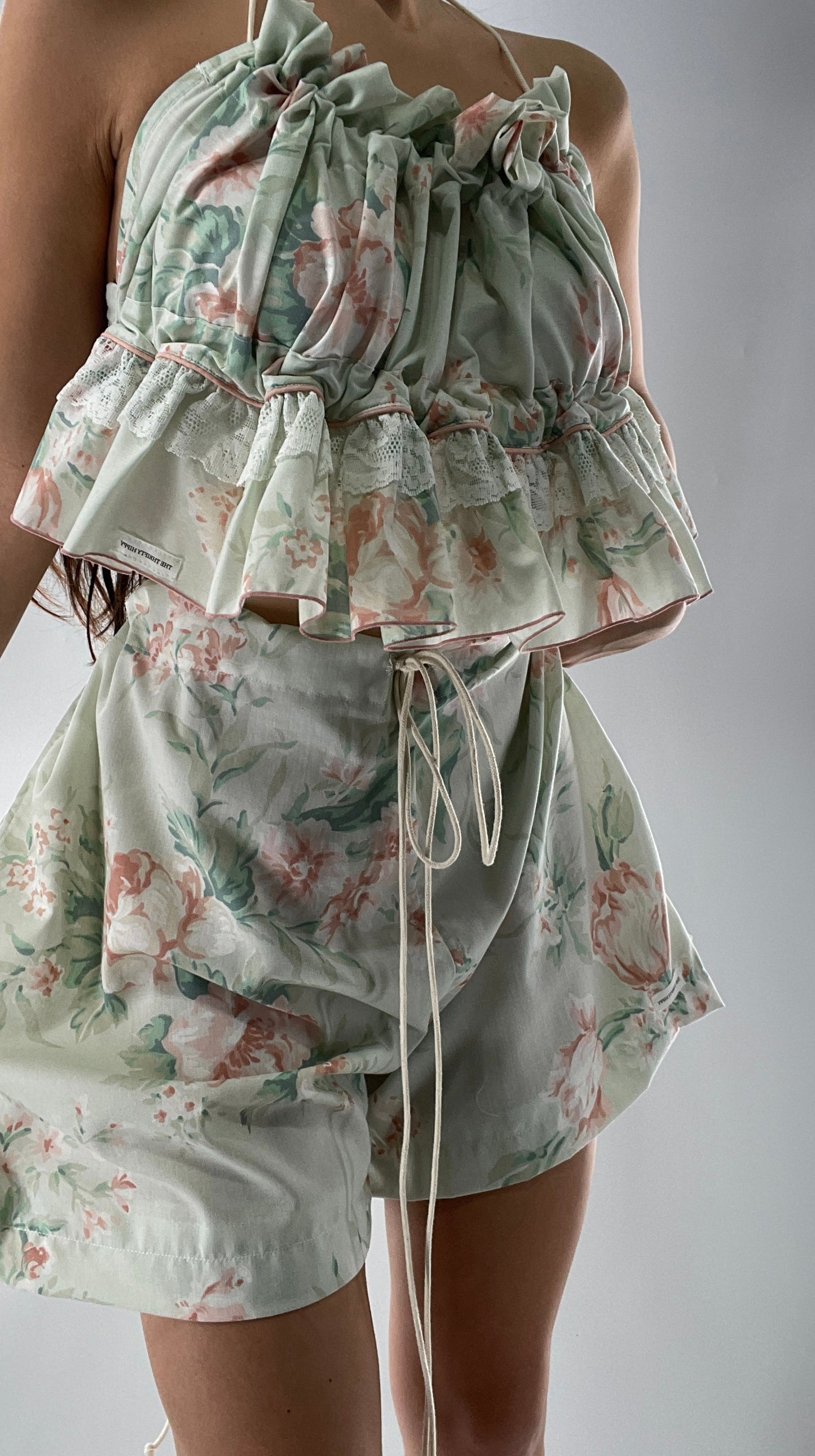 Vintage 2 Piece Bloomers and Babydoll Blouse Set Covered in Delicate Florals, Ruffles, Bows and Lace (One Size)