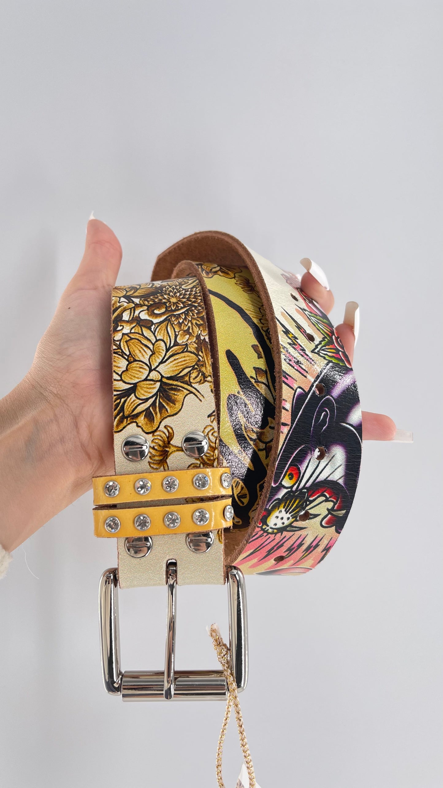 Ed Hardy Genuine Leather Belt with Rhinestones and Jaguars (M)