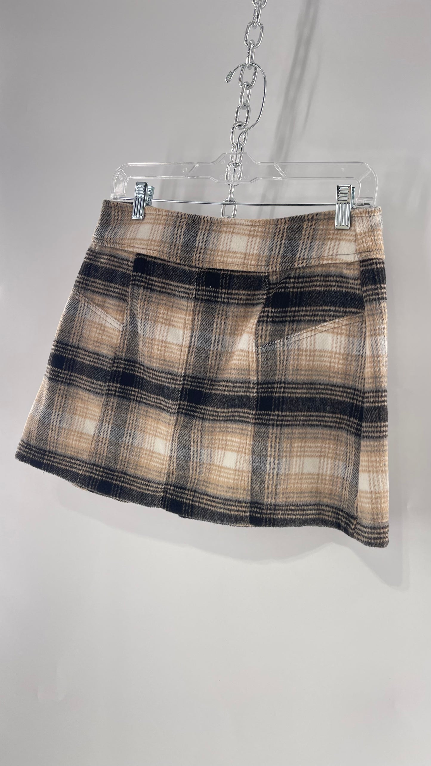 Free People Plaid Beige Gray Soft Mini Skirt with Side Slit and Built in Grommet Belt