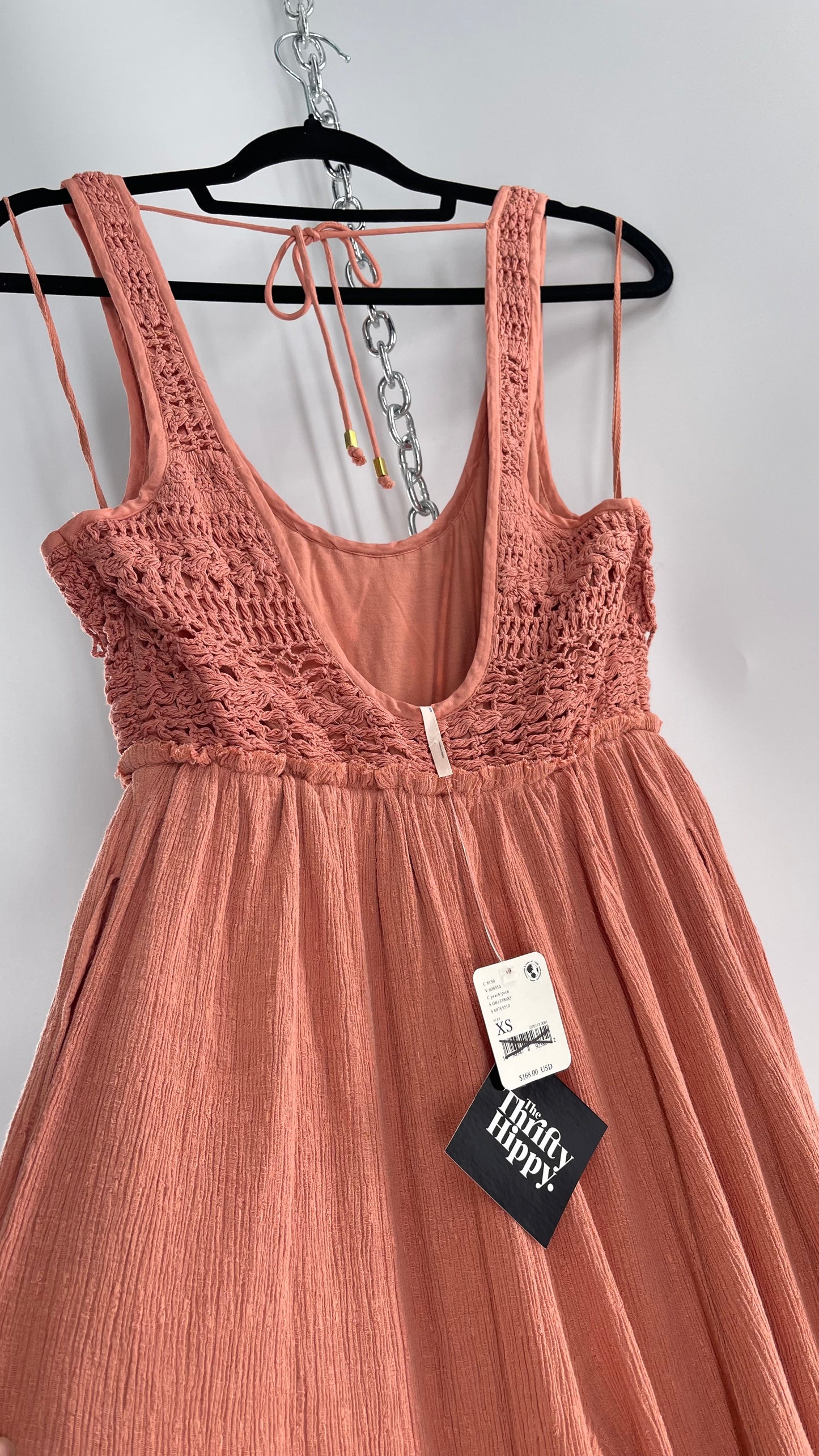 Free People Rose/Peach Pink Wide Leg Jumpsuit with Crochet Bust and Tags Attached (XS)