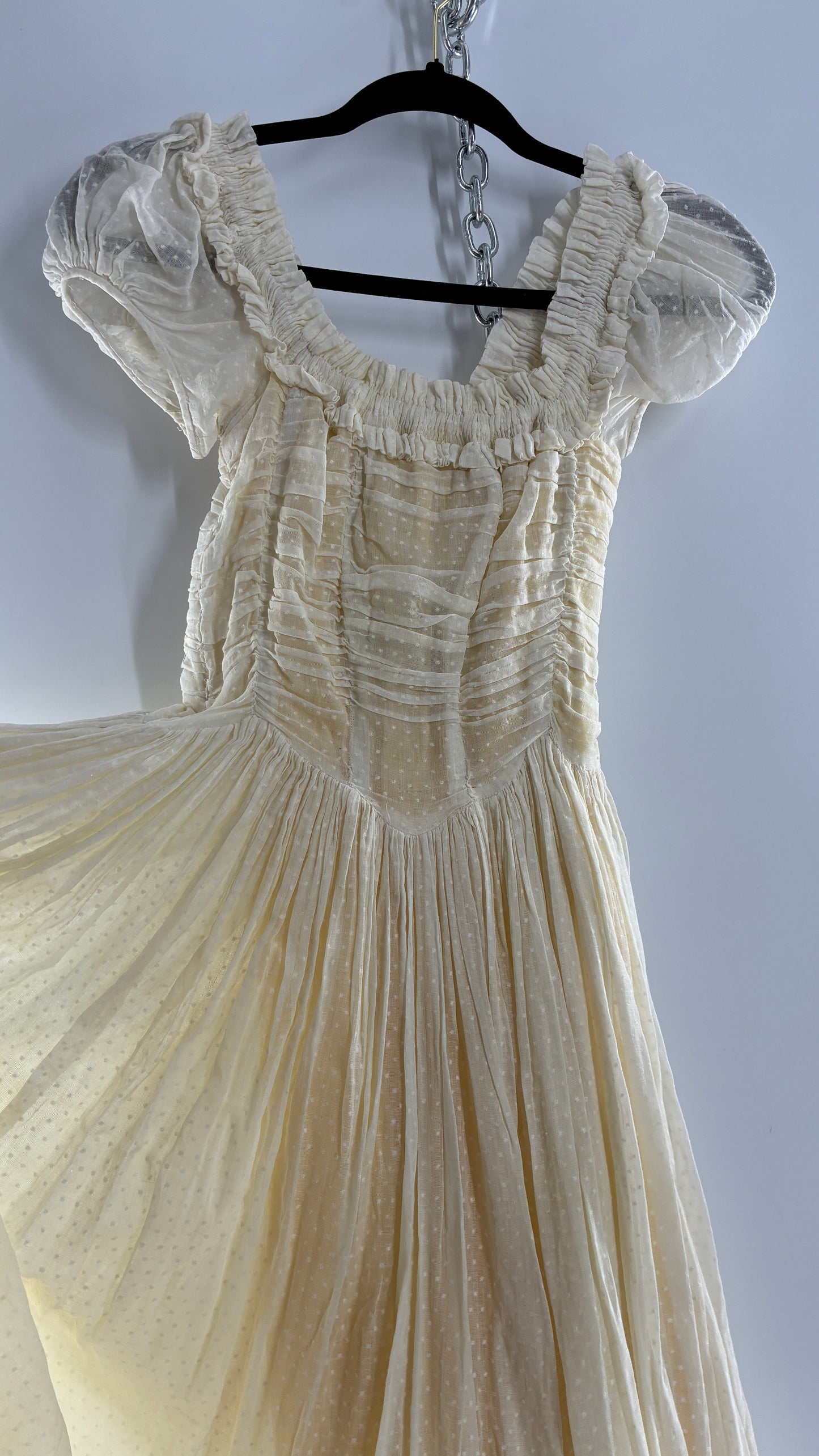 Vintage 1970s Off White Cotton Handmade Maxi Dress with Ruched Bodice, Puff Sleeves, and Polka Dot Texture (XS/S)