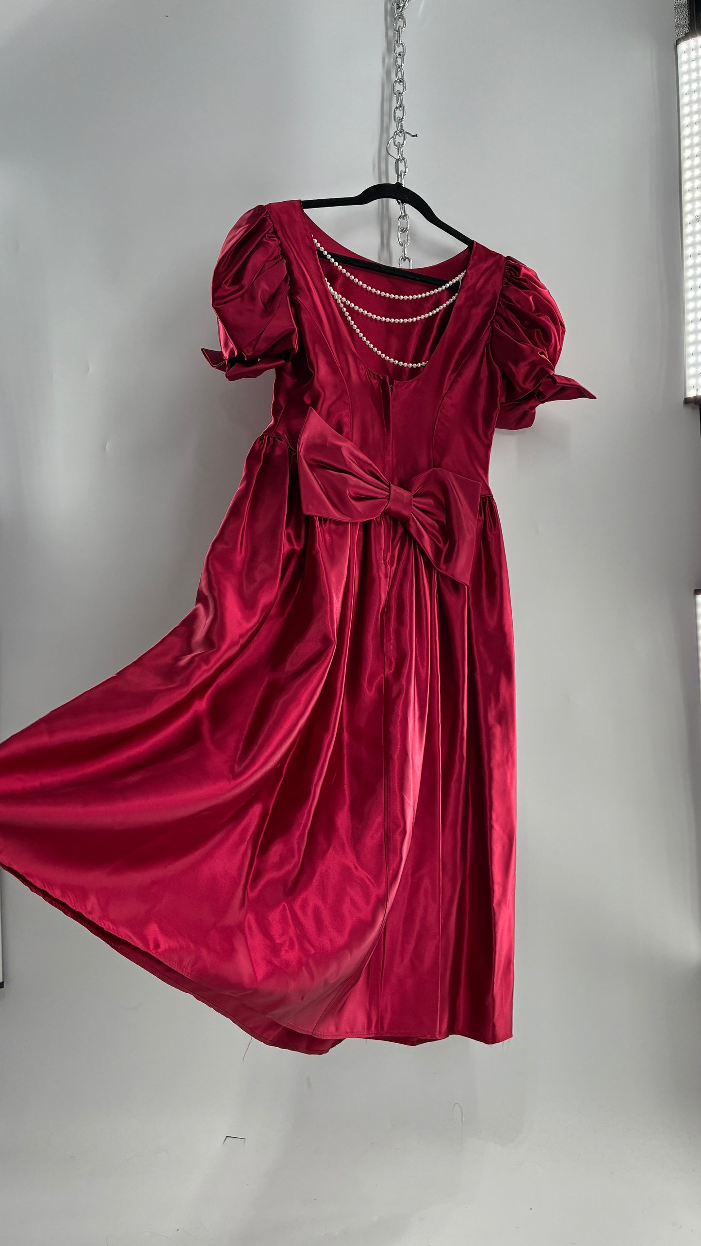 Vintage Red Silky Satin Corset Style Dress with Sweetheart Neckline, Puff Sleeves, Oversized Bow Bum, Open Back and Draping Pearls (10P)
