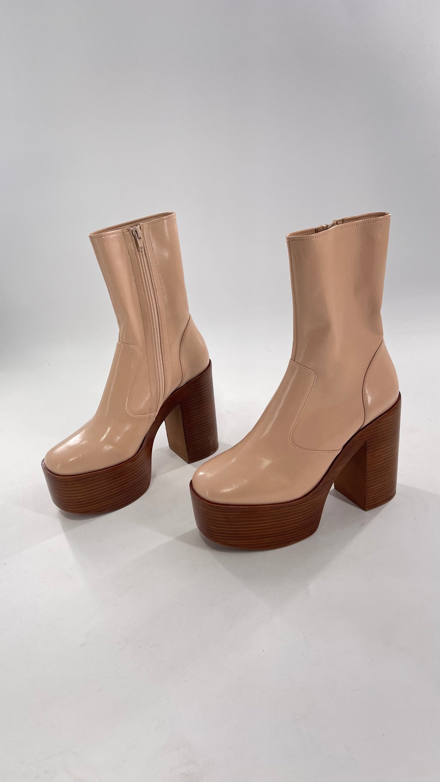 Free People X Jeffrey Campbell Mexique GoGo Boots • Beige Patent Boot with Wood Grain Chunky Block Heel and Platform (9)