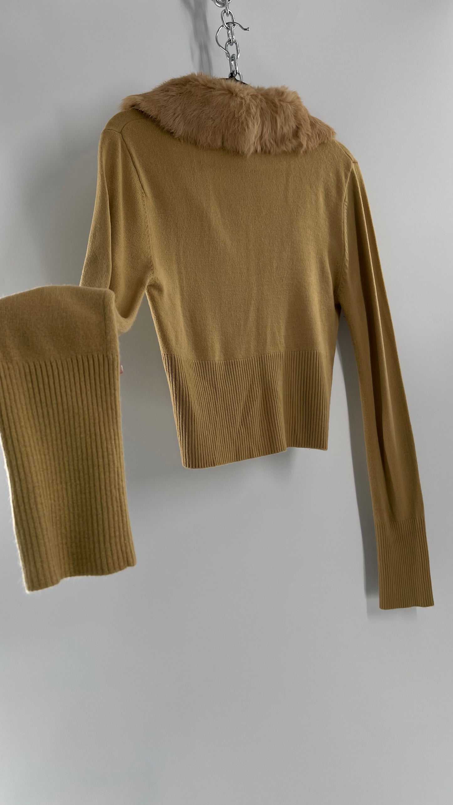 Vintage XOXO Tan Fasten Bust Cropped Cardigan Shrug with Genuine Rabbit Fur Exaggerated Collar (Large)