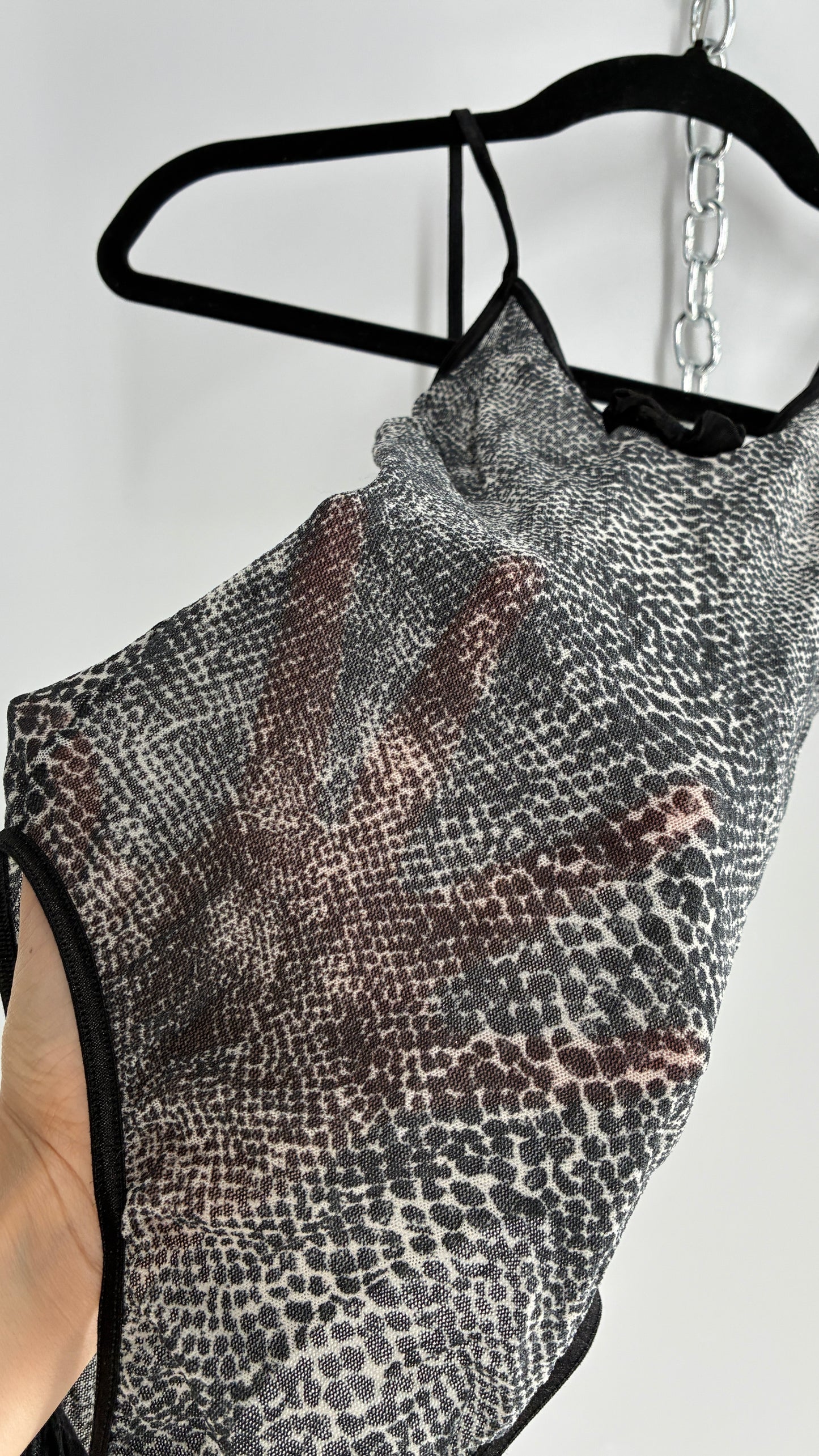Vintage 1990s Sheer Snakeskin Patterned High Cut Bodysuit (S)