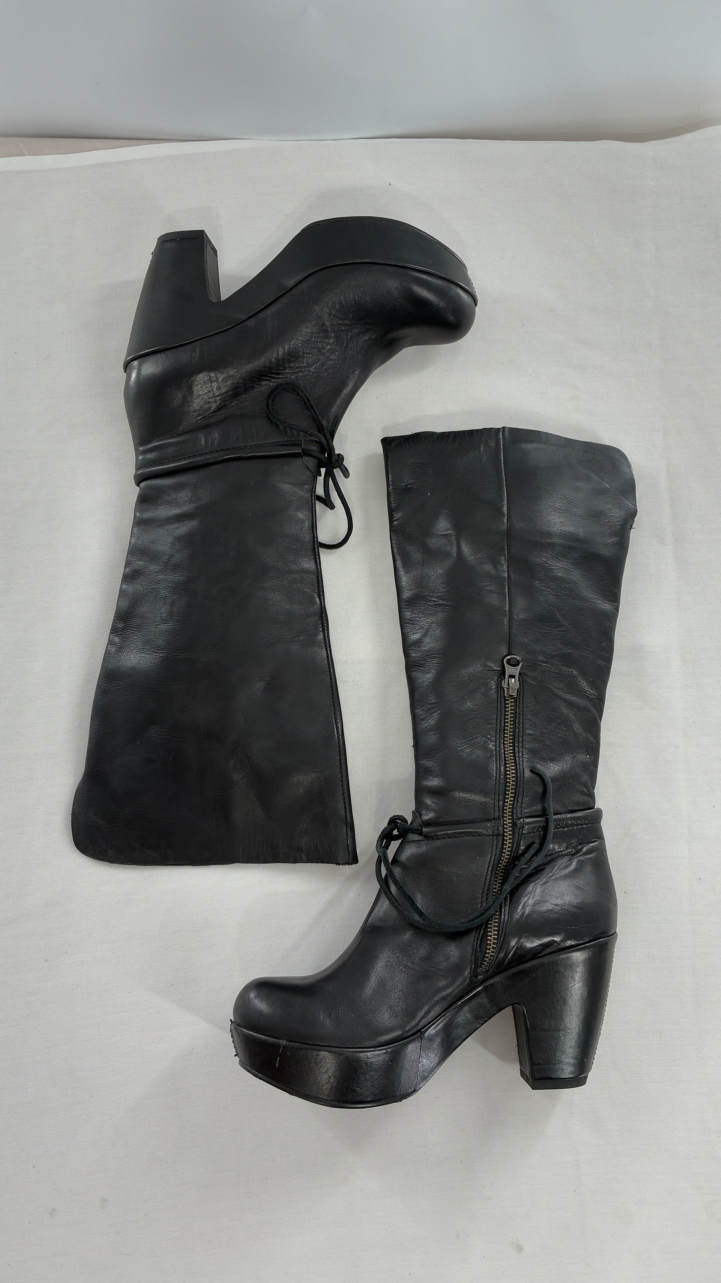 Vintage KORK EASE Black Genuine Leather Platform Clog, Knee High Boots (8/39)