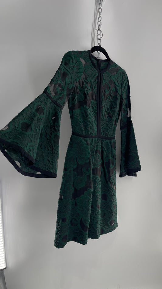 Vintage Ellie Saab Forest Green Lace Dress with Bell Sleeves (36)