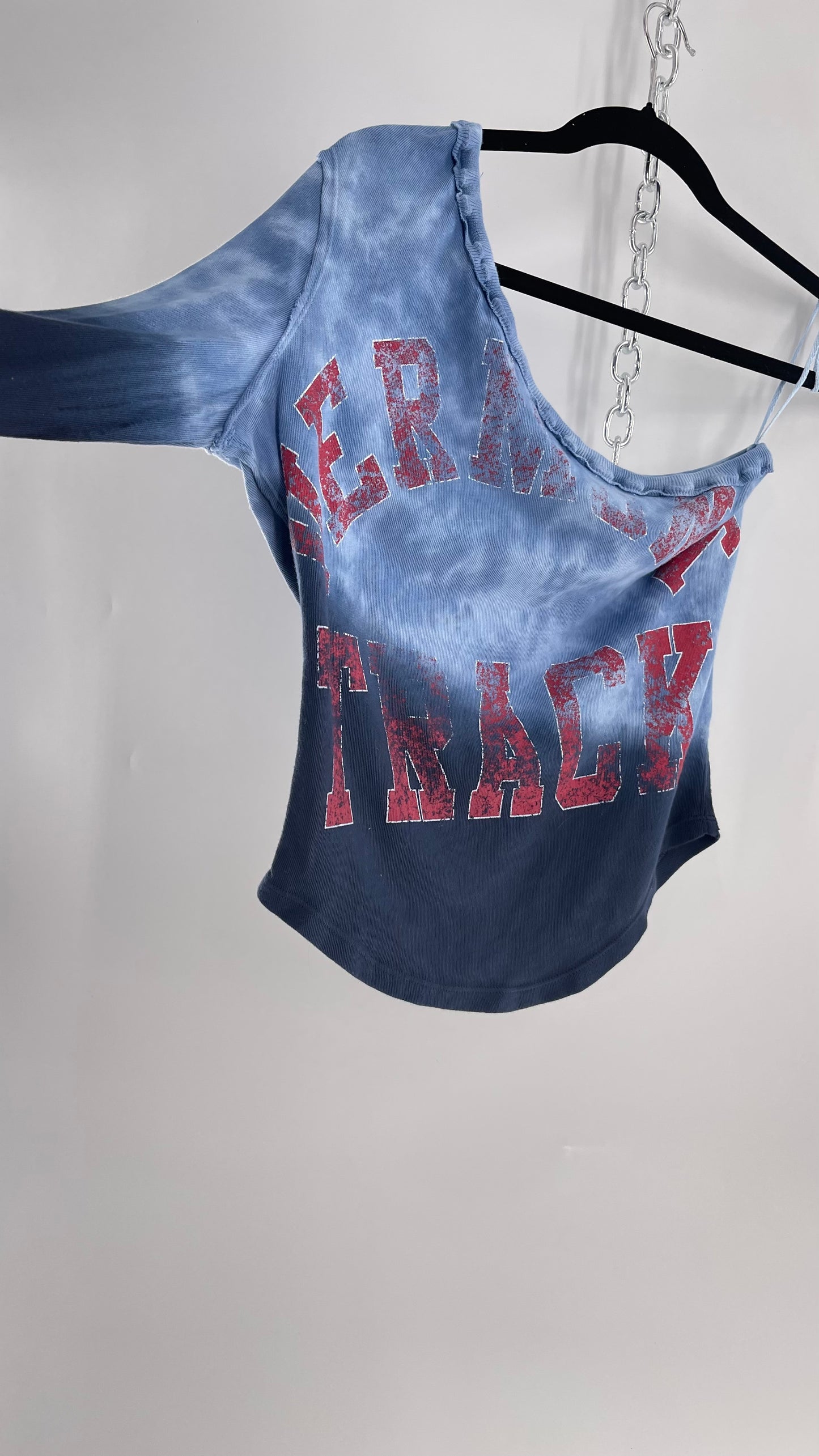 Free People Blue Ombre Tie Dye One Sleeve Top with Track Graphic (Small)