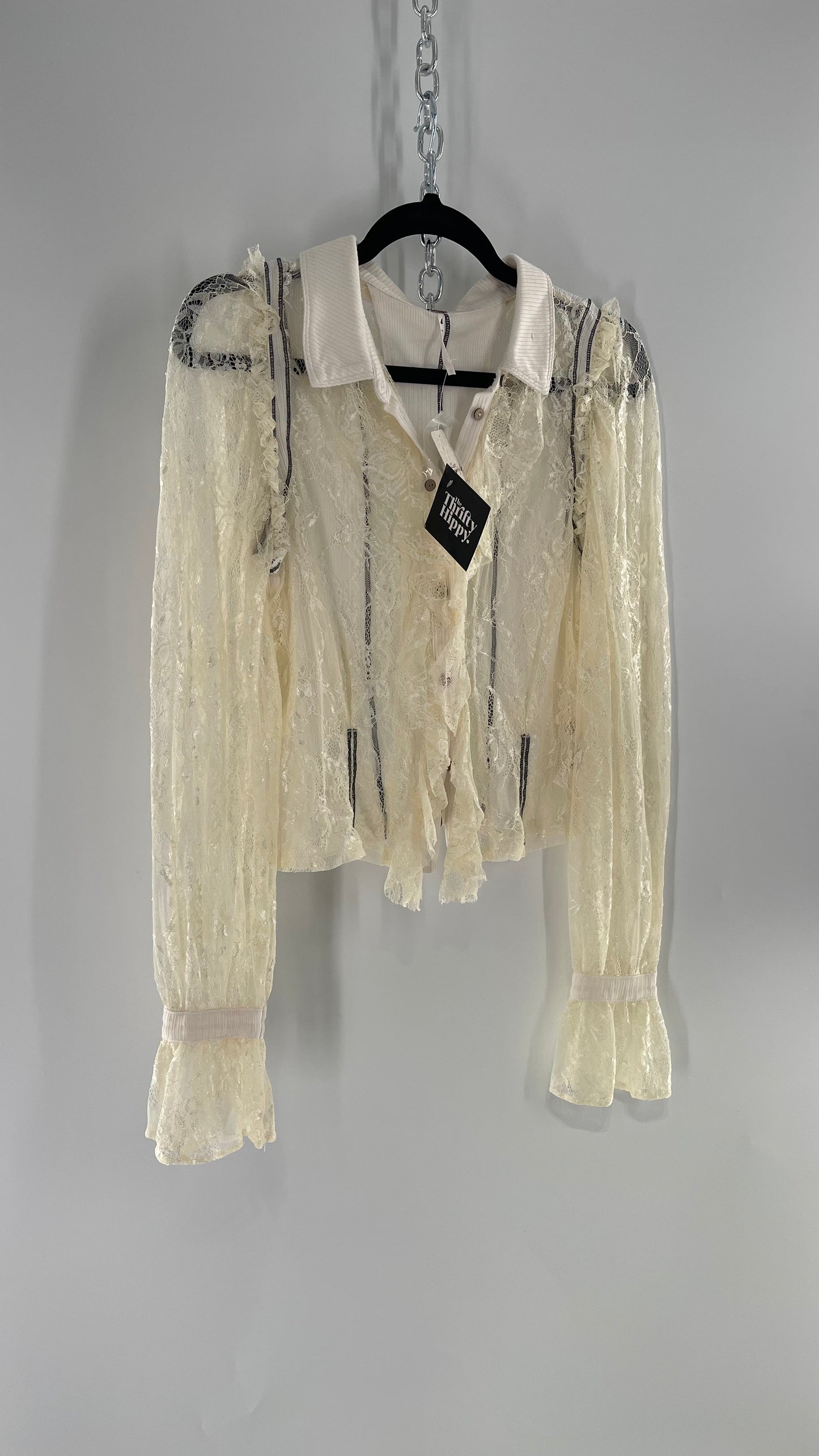 Free People White Lace/Ribbed BodyCon Button Up with Tags Attached (Large)