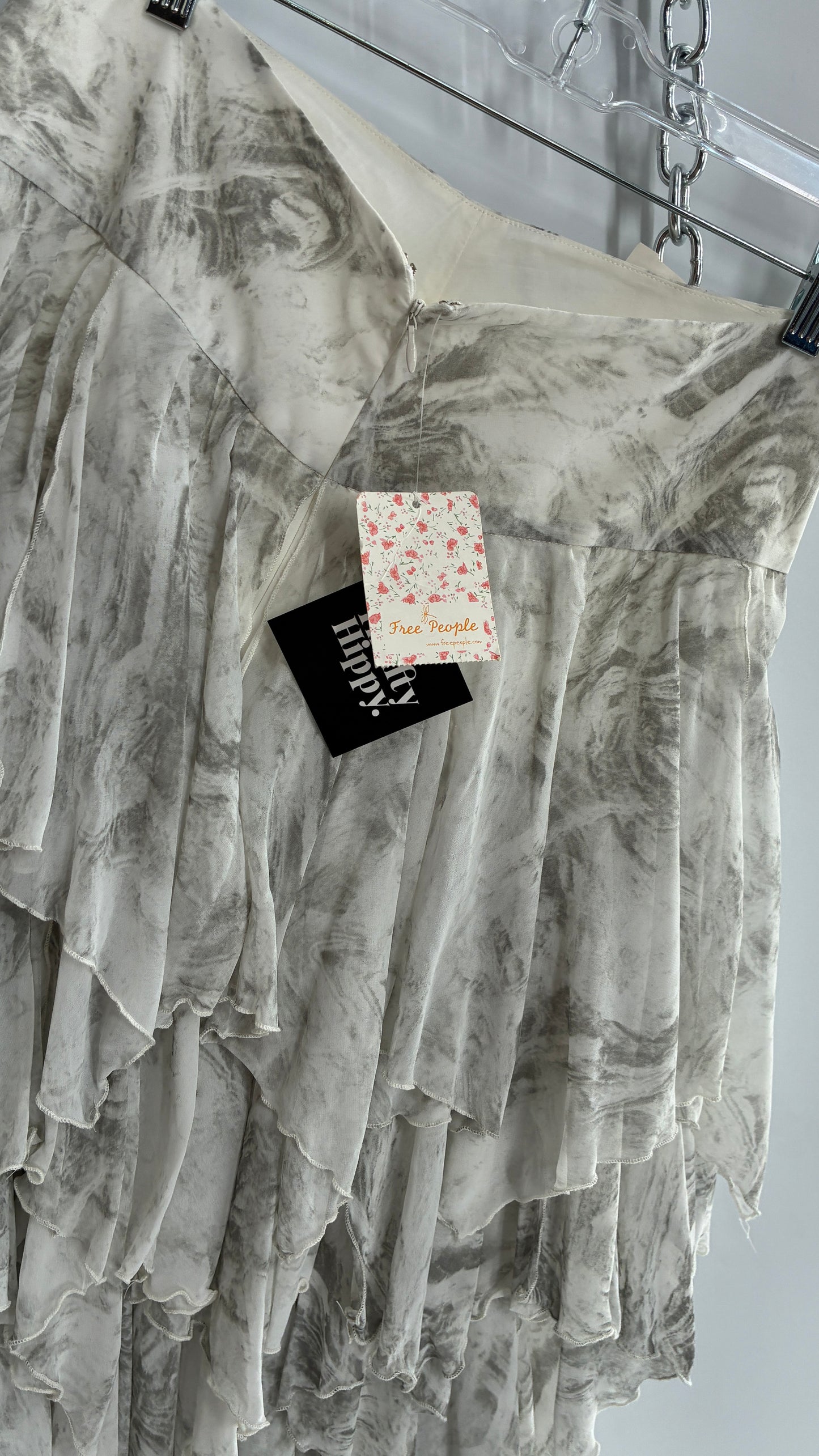 Free People Layered, Tiered Voluminous White and Grey Watercolor Full Skirt with Tags Attached (4)