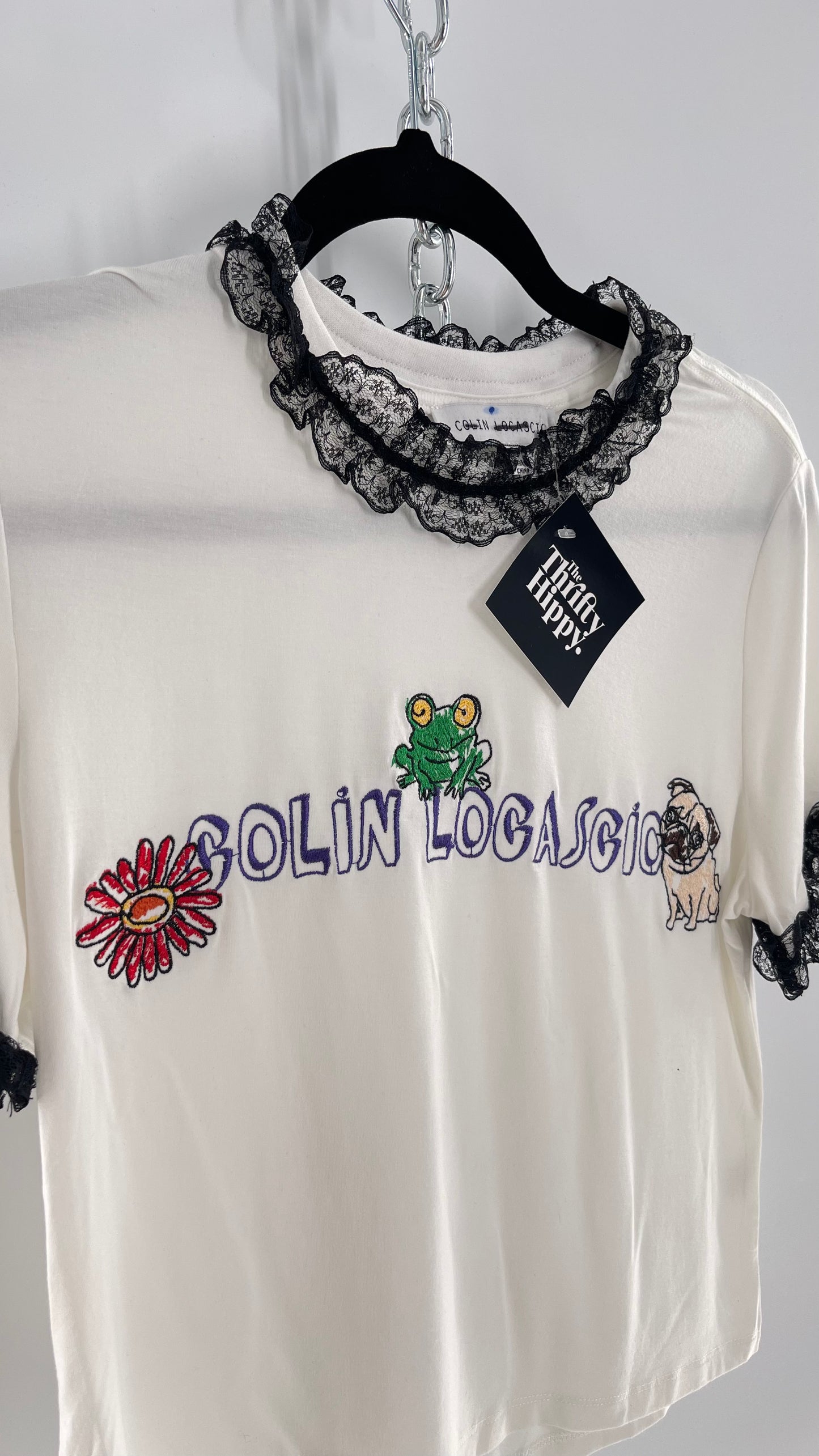 Colin Locascio Tannie T Shirt White Black Lace Ruffle Sleeves Frog Embroidery (Small)