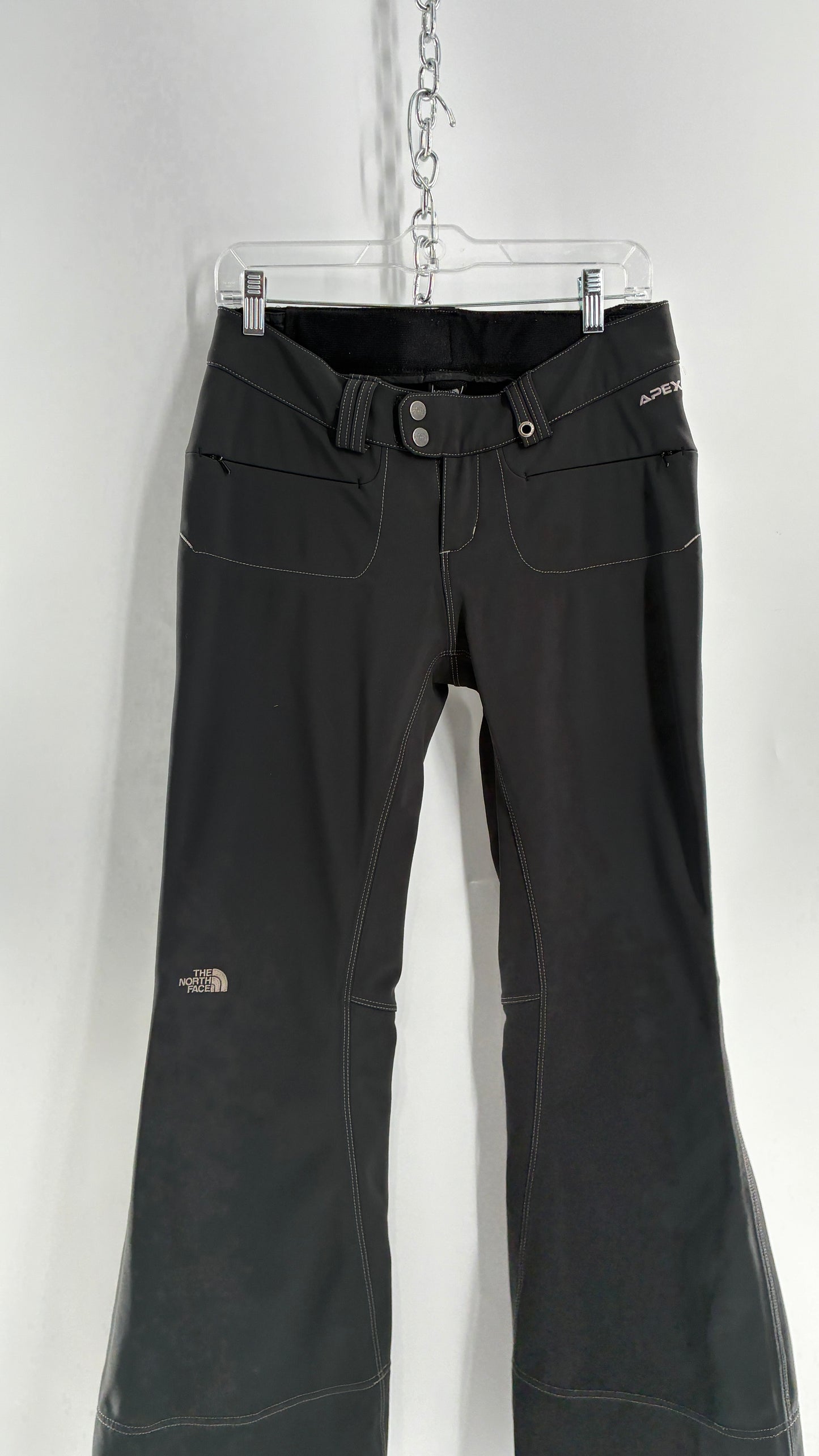 Vintage North Face Dark Gray, Low Rise, Kick Flare Pants with Contrast Stitching, Side Closure and Oversized Bum Pockets (Small)