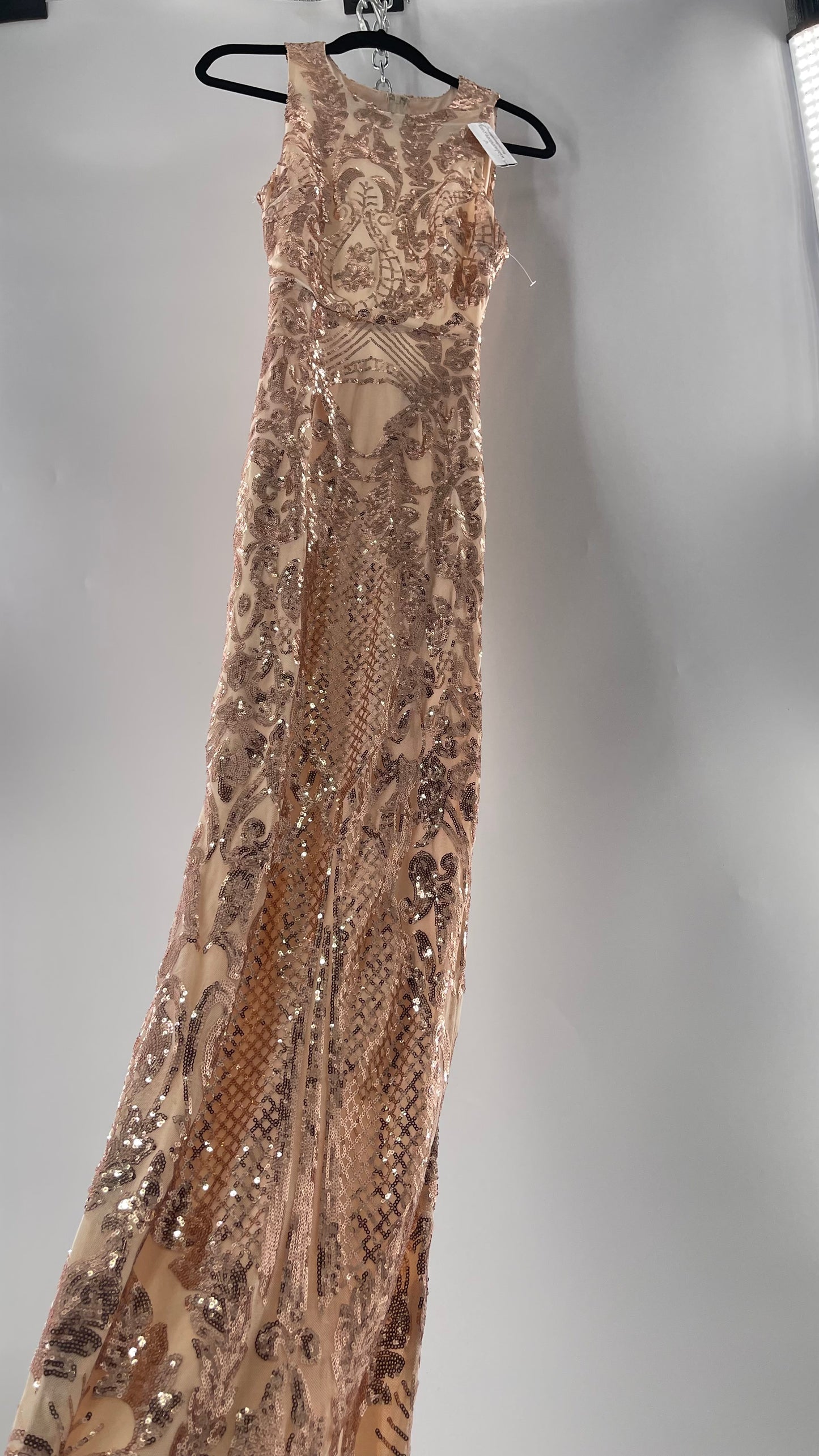Windsor Rose Gold Sequin Maxi Dress with Side Slit Detail and Open Back (Small)