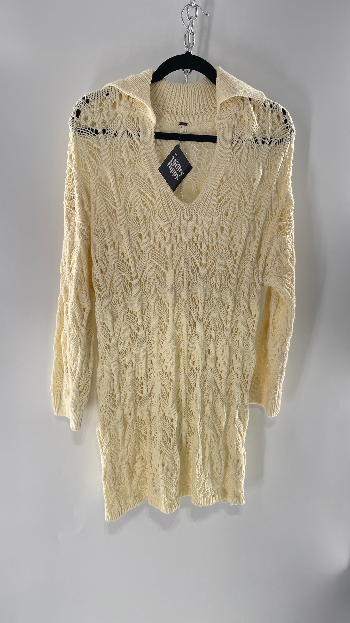 Free People Baby Yellow Comfy n Cozy Open Stitch Knit Sweater Dress (XS)