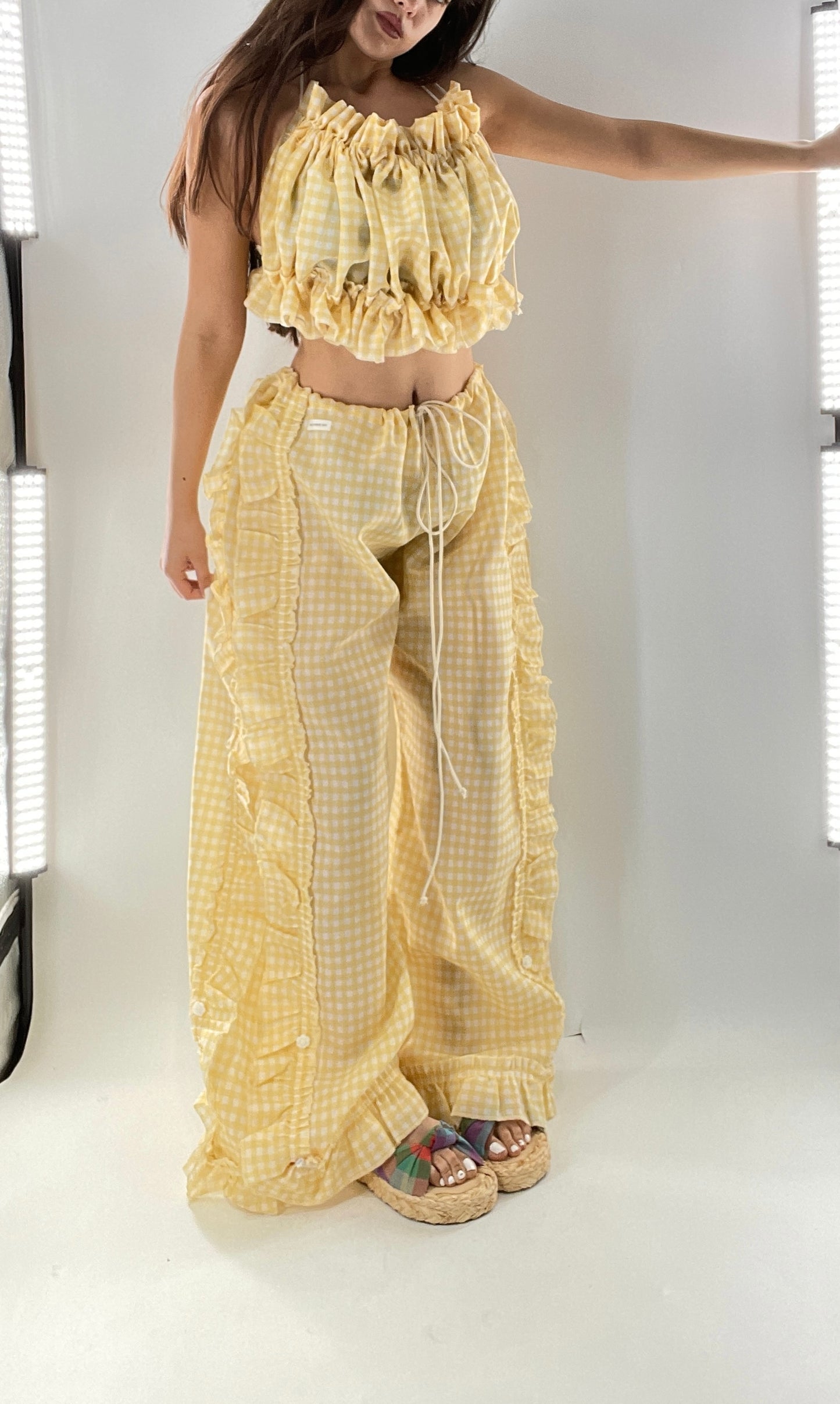 Vintage 2 Piece Yellow Checkered/Gingham Patterned Picnic Set with Ruched Bust Top and Ruffle Side Wide Legs with Adjustable Length, Strap Up Buttons on Hem (One Size)