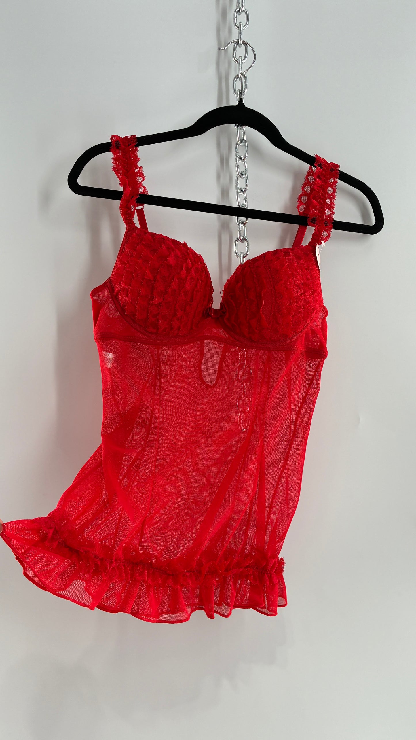 Deadstock Vintage Babydoll Bustier with Ruffled Cups, Lace Straps and Ruffled Lace Hem (34C)